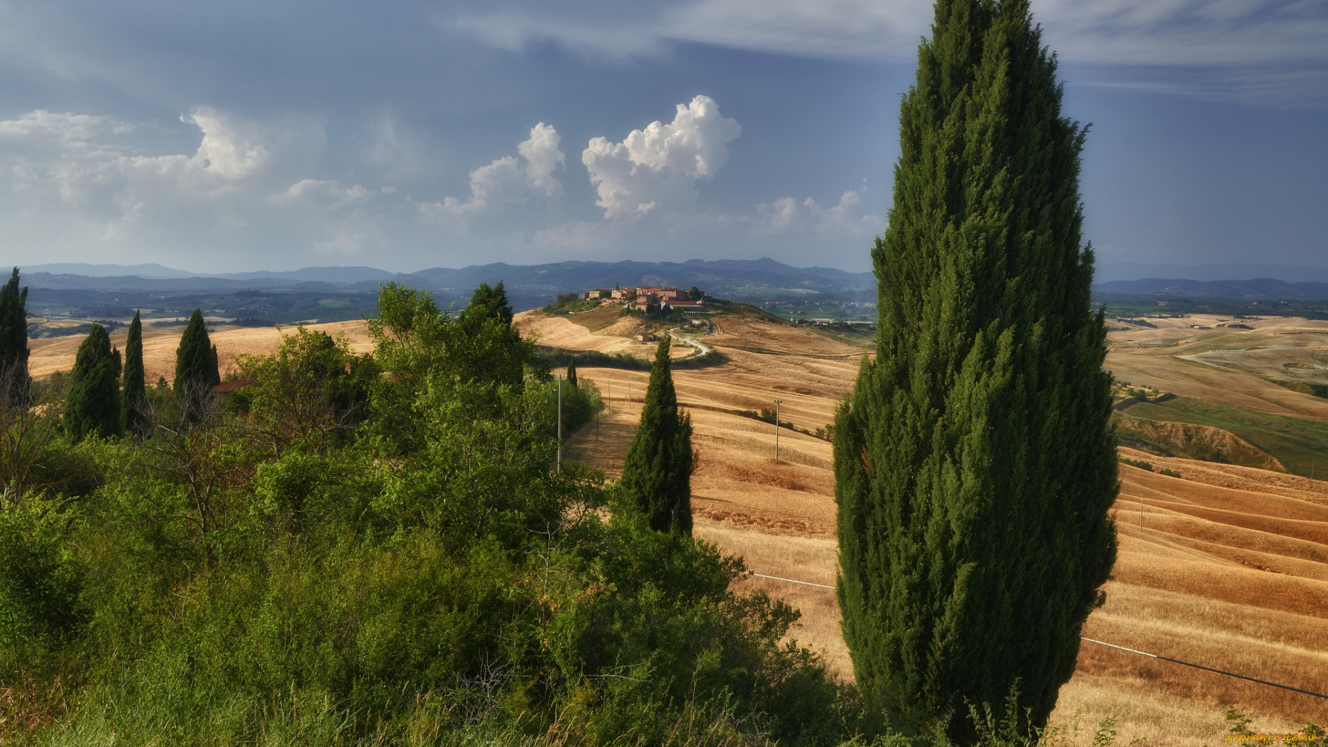 природа, пейзажи, дома, холмы, италия, тоскана, кипарис, дорога