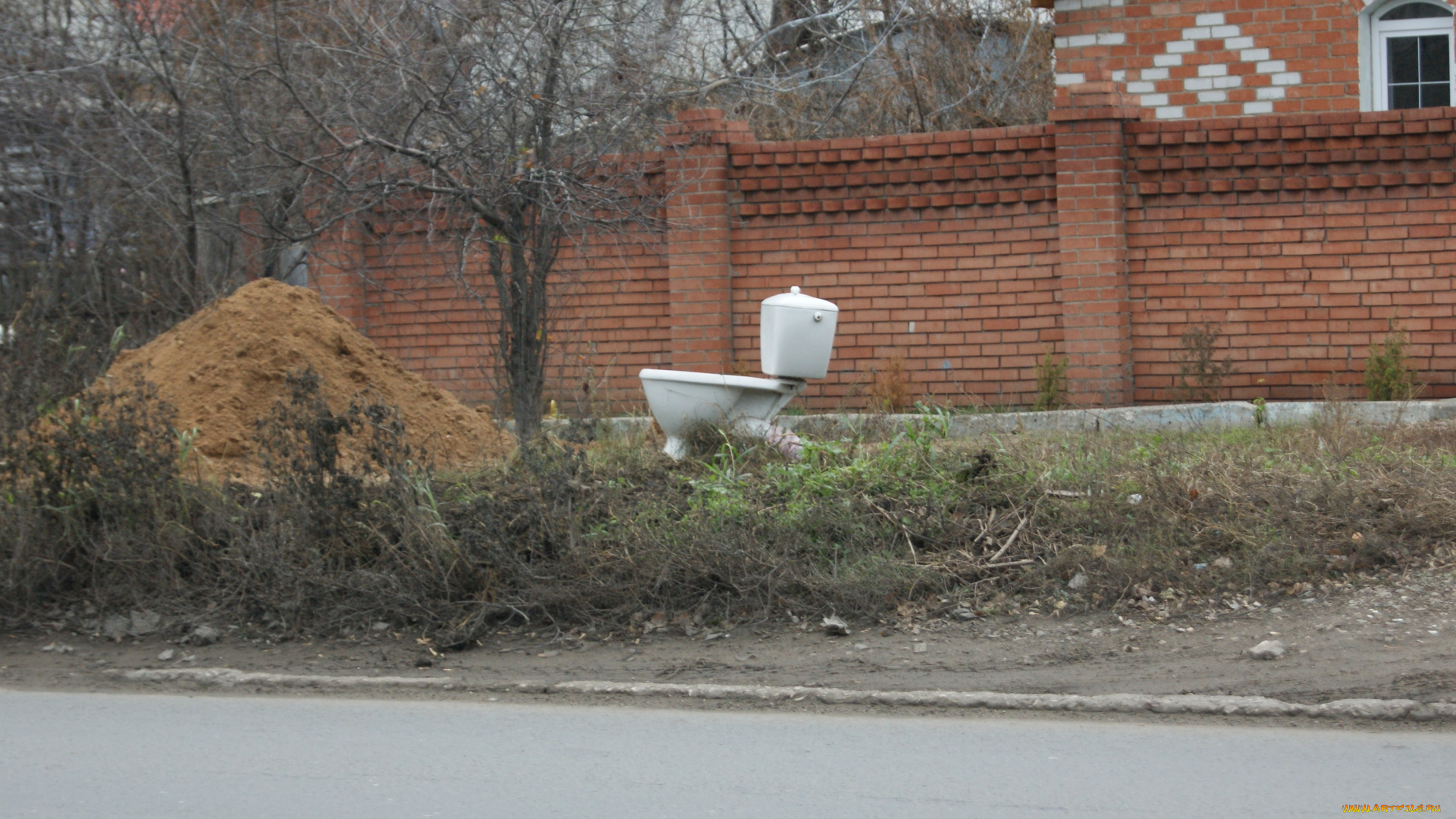 юмор, приколы, куча, песка, дорога, забор, дом, унитаз