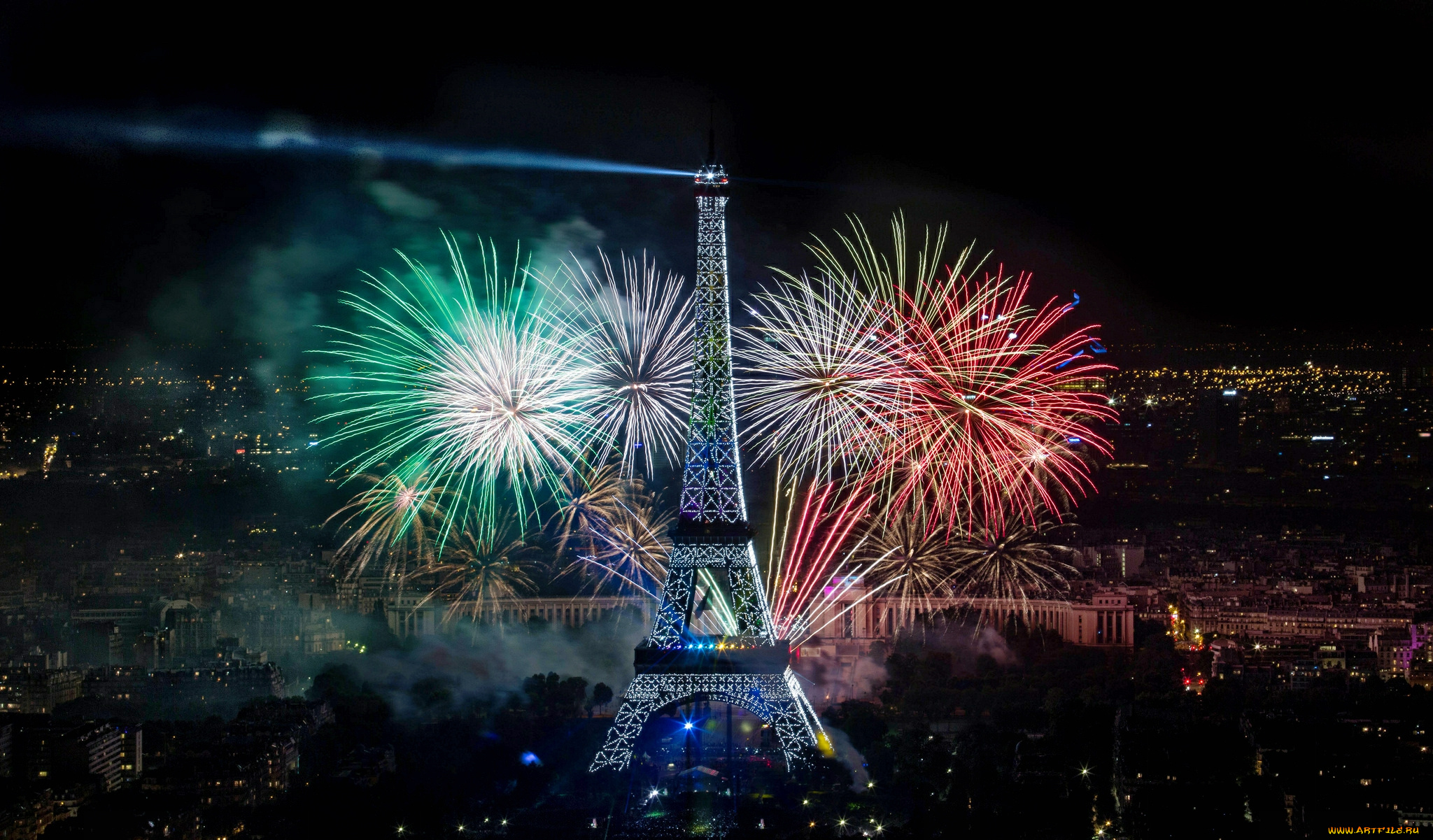 города, париж, франция, эйфелева, башня, ночь, фейерверк
