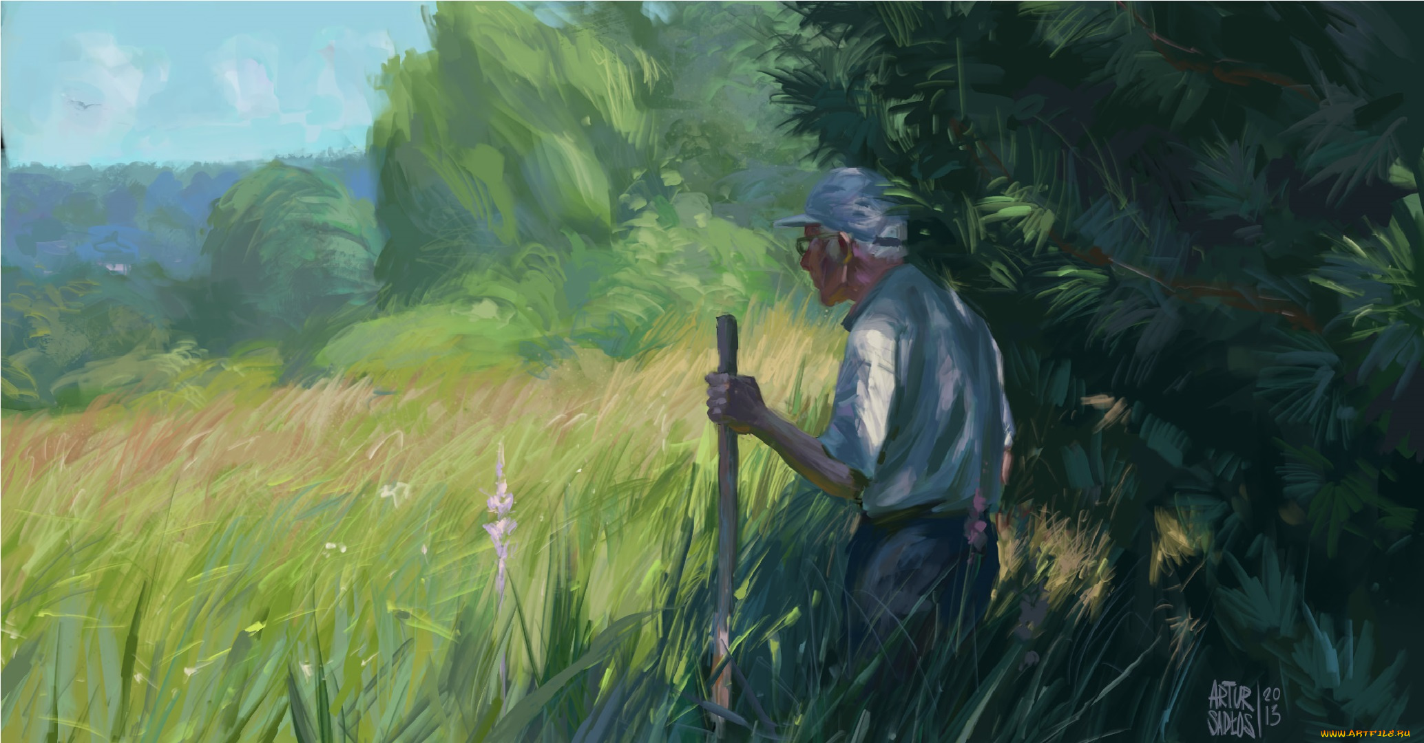 рисованные, люди, деревья, старик, поле