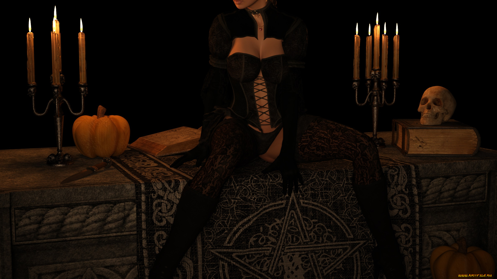 3д, графика, праздники, , holidays, девушка, взгляд, фон, интерьер, свечи, тыква, череп