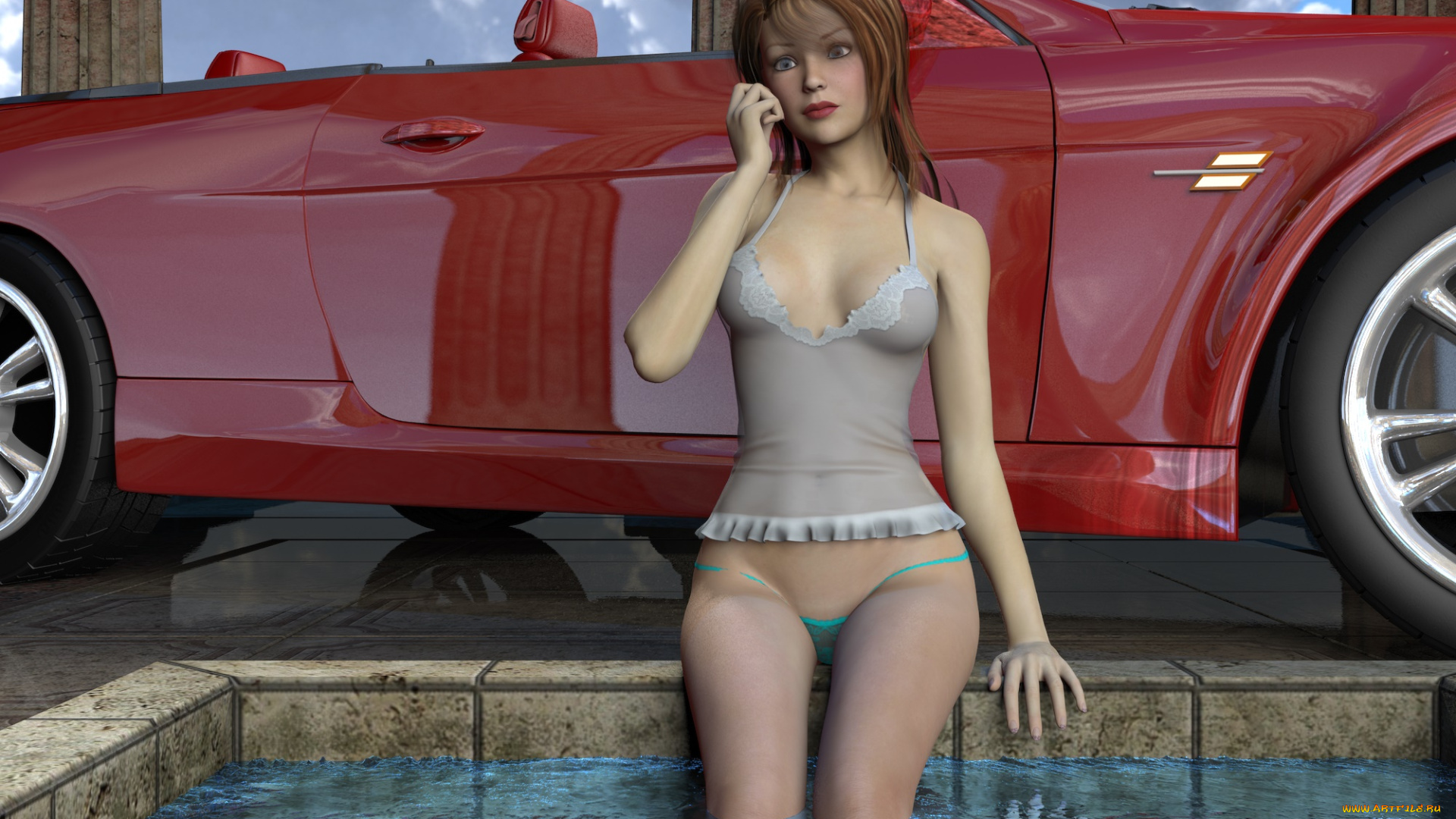 автомобили, 3d, car&girl, автомобиль, фон, взгляд, девушка