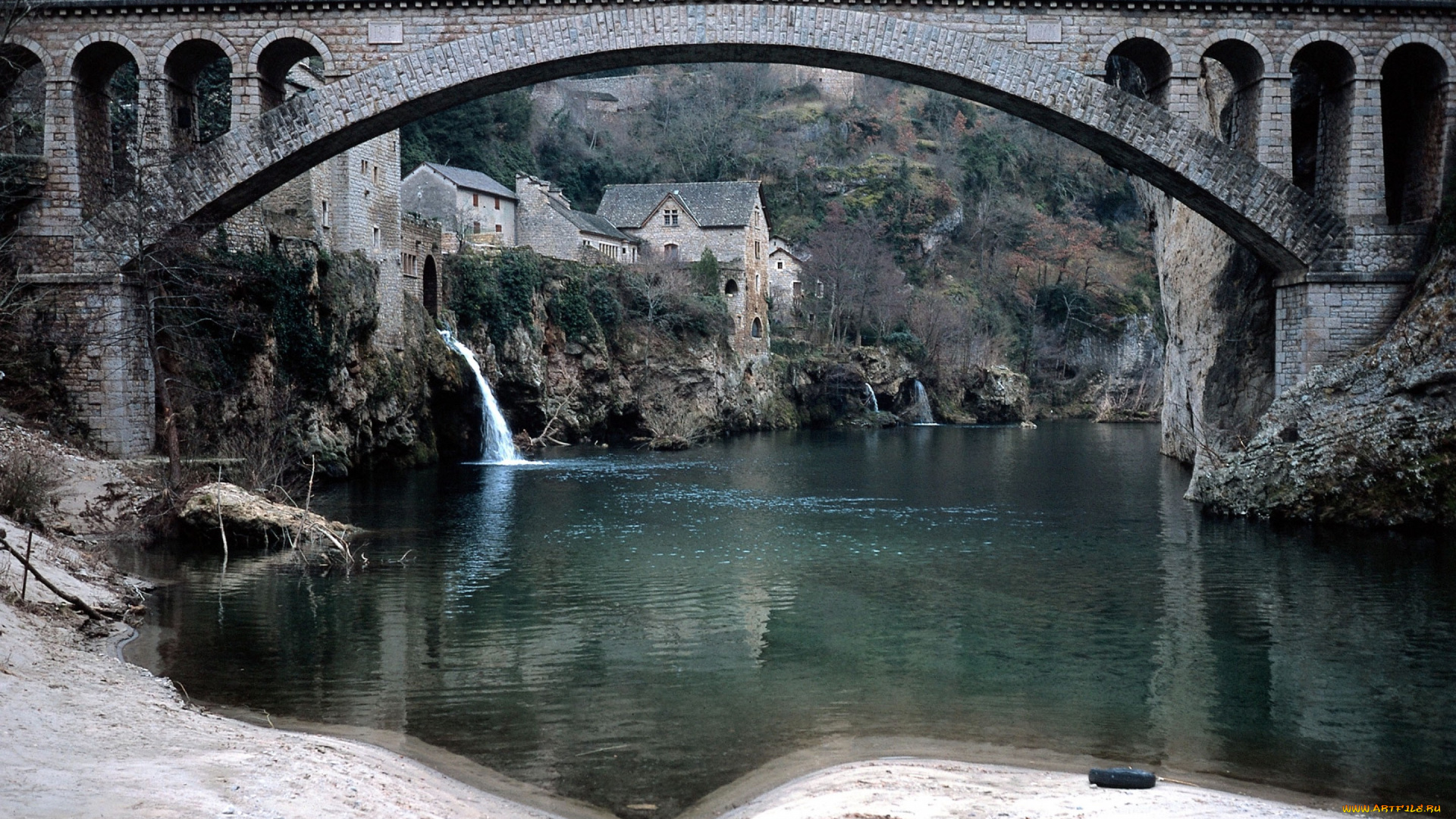 города, -, мосты, мост, арка, водопад, река, дома, обрыв