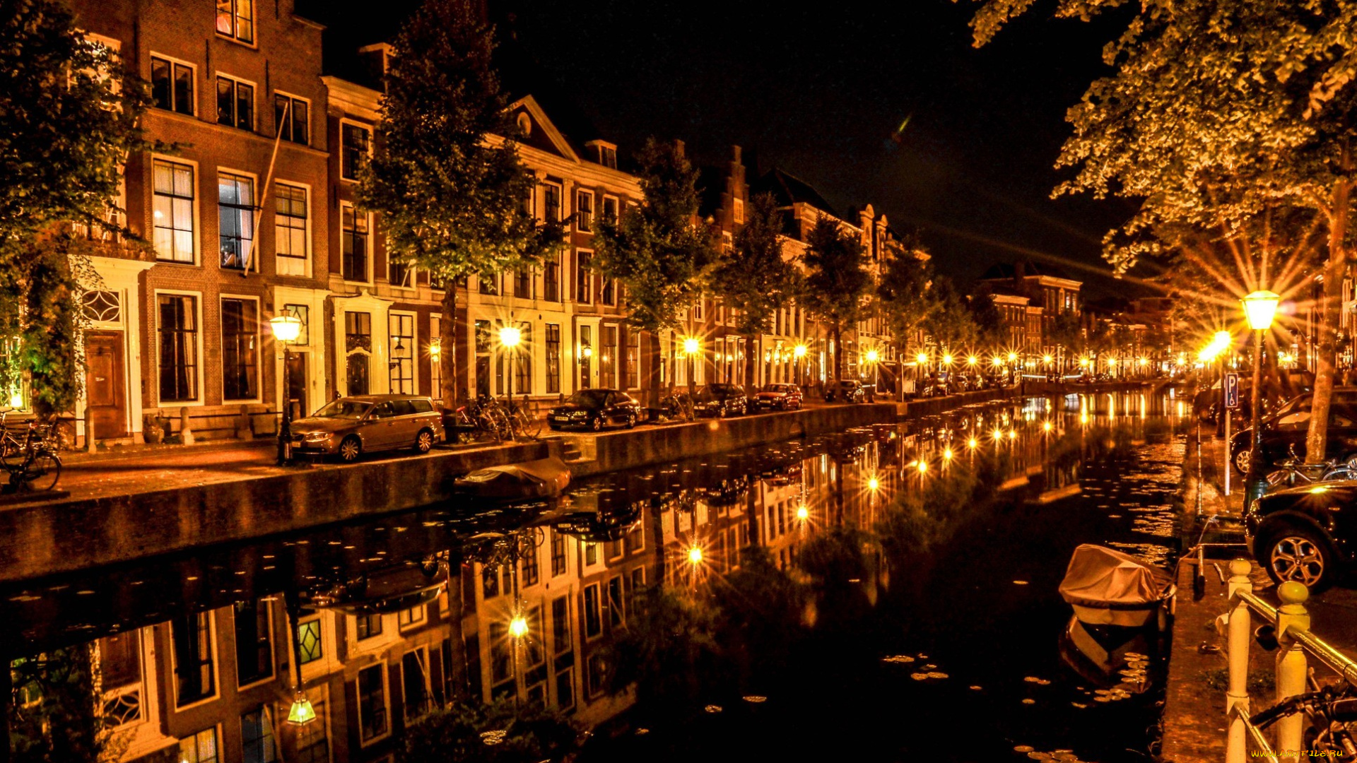 города, -, огни, ночного, города, автомобиль, свет, лампы, вода, отражение, ночь