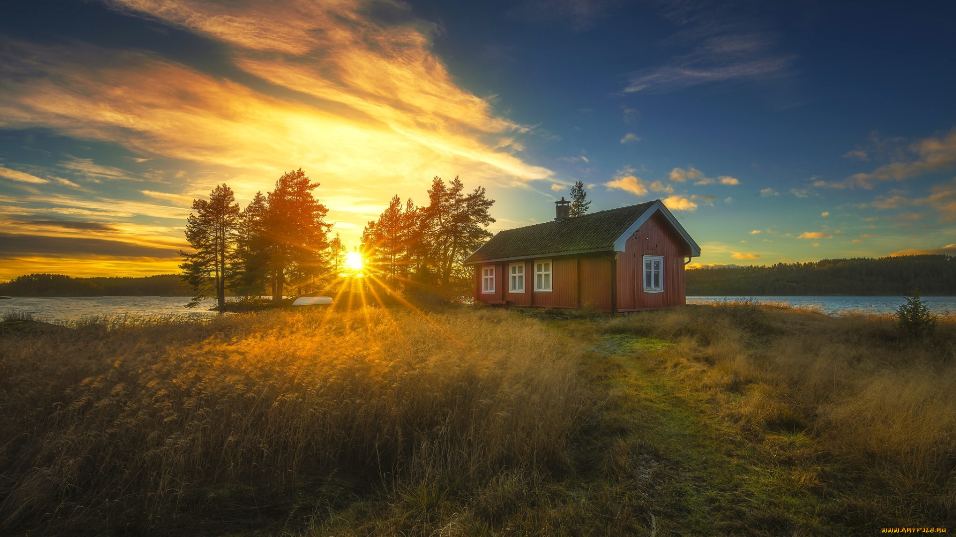 города, -, пейзажи, деревья, камыш, закат, дом, озеро, норвегия, рингерике, norway, ringerike
