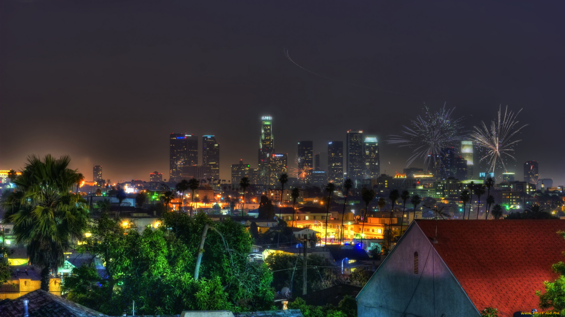 города, лос-анджелес, , сша, салют, небо, огни, ночь, деревья, пальмы, калифорния, дома, небоскребы, лос-анджелес