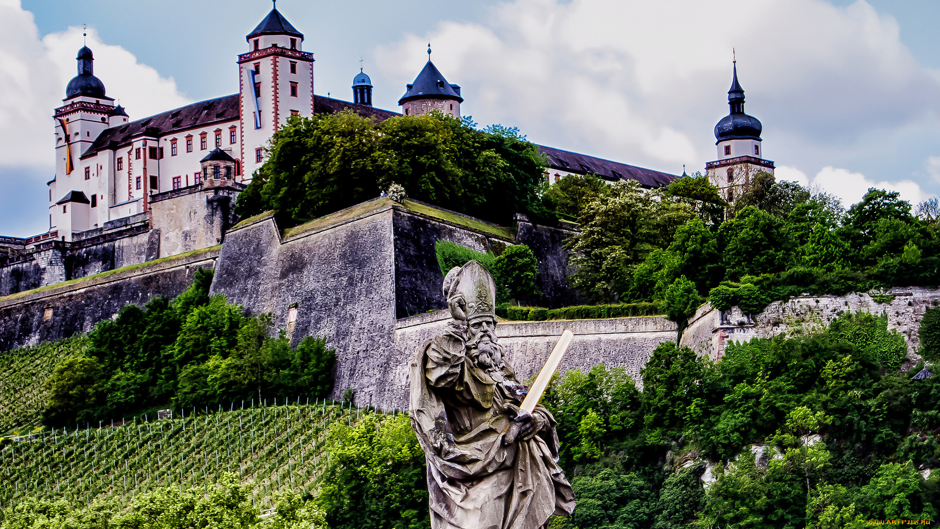 города, замки, германии, склон, бавария, германия, вюрцбург, пейзаж, дворец, деревья, стена