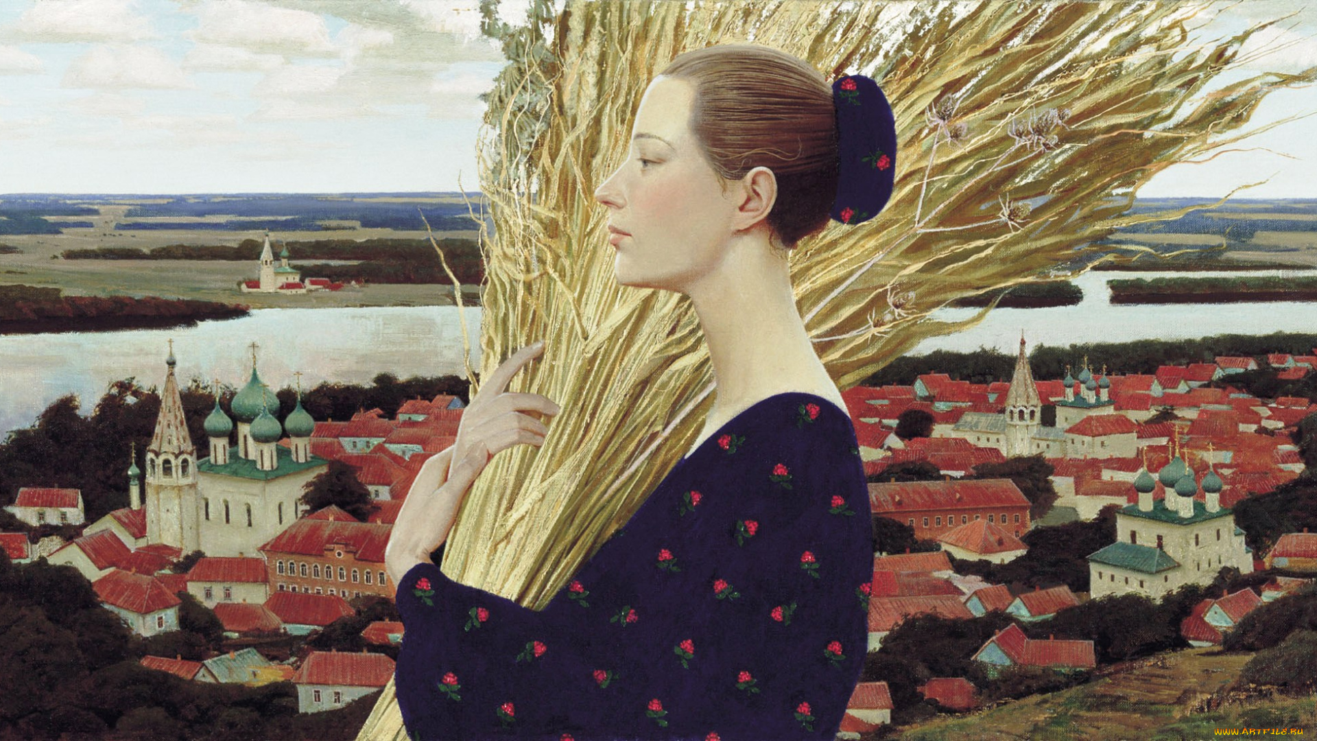 провинция, рисованное, андрей, ремнёв, профиль, колосья, город, дома, здания, церковь, женщина, деревья, река