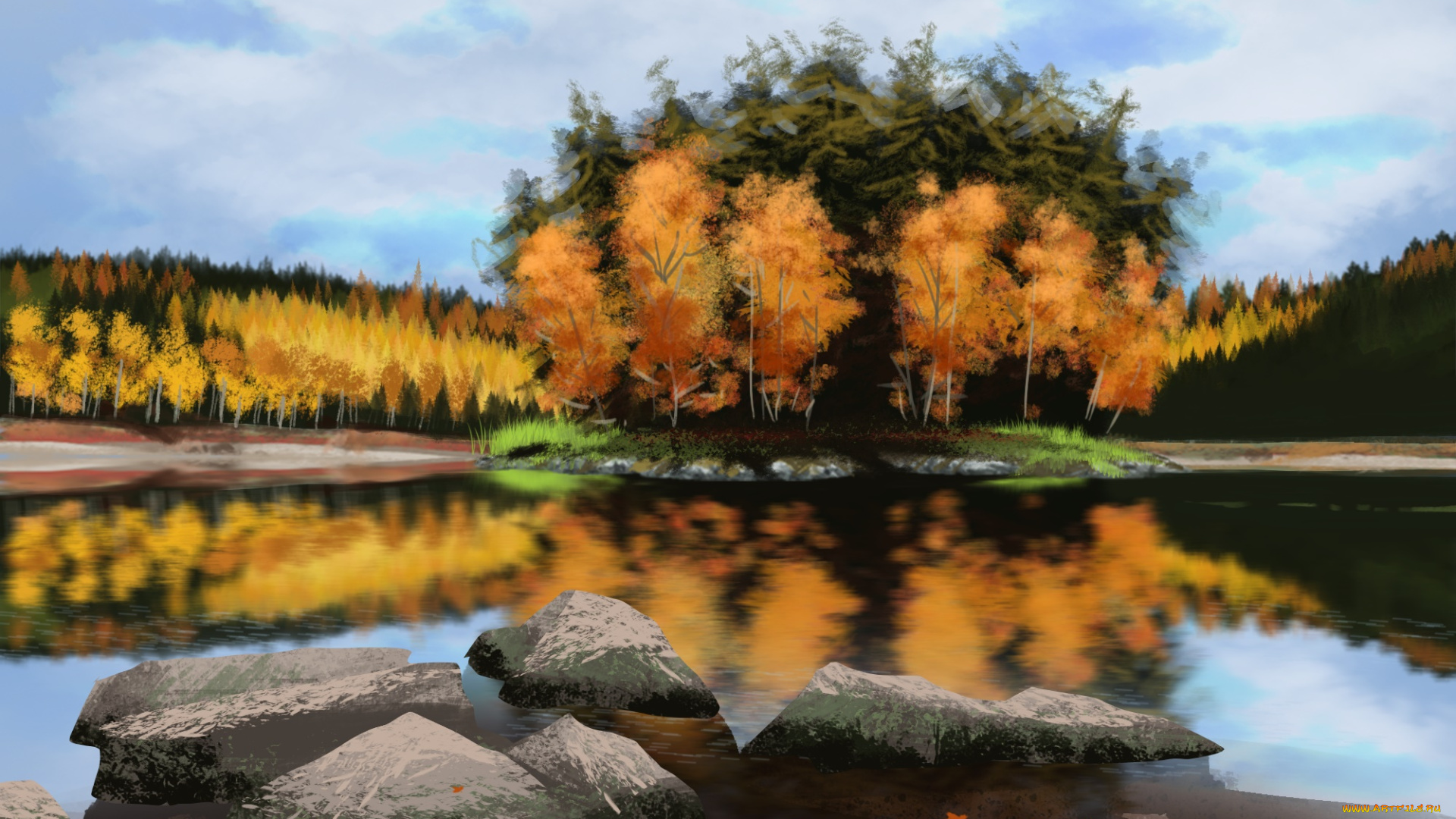 рисованное, природа, камни, река, облака, лес