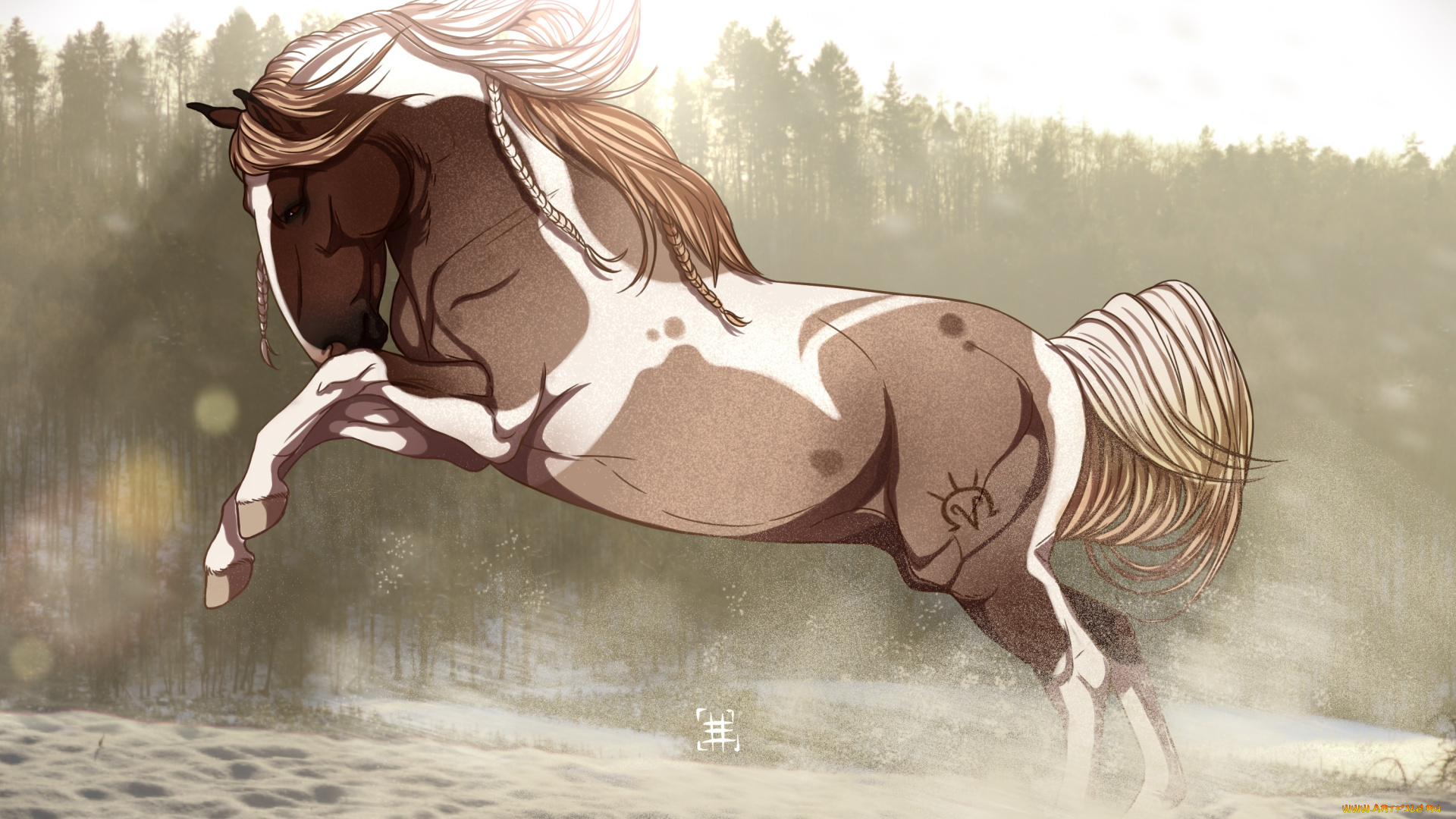 рисованное, животные, , лошади, фон, лошадь