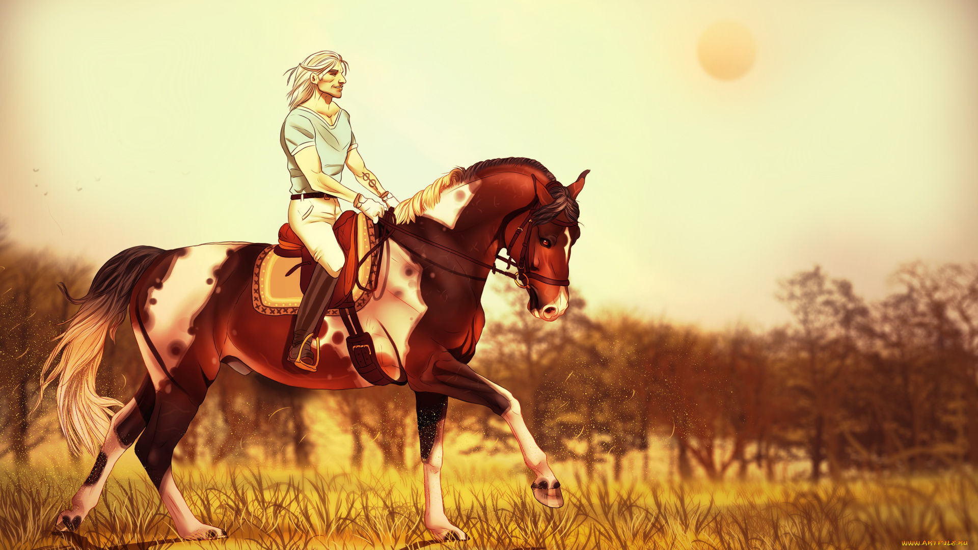 рисованное, животные, , лошади, фон, лошадь, всадник