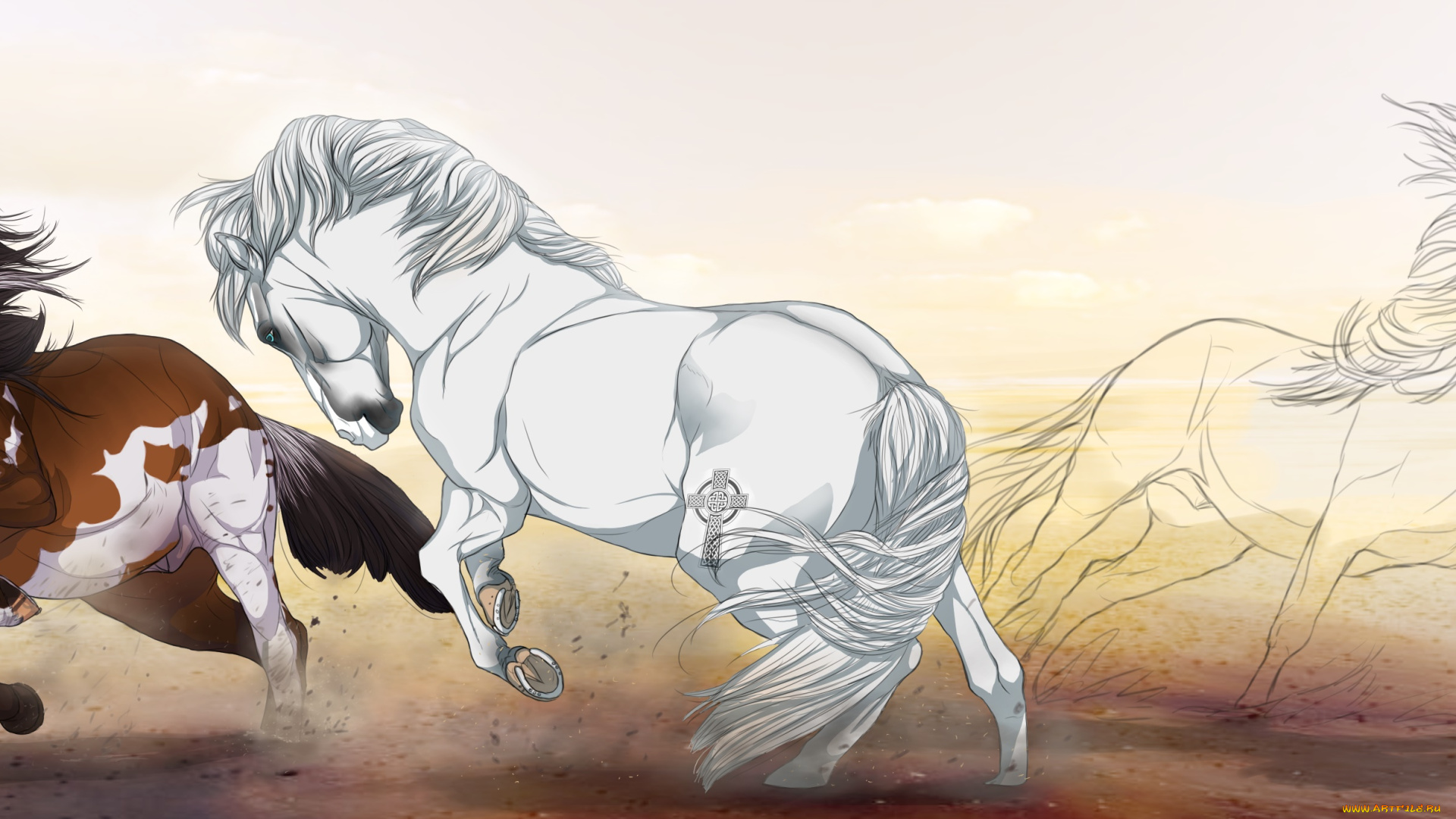 рисованное, животные, , лошади, грива, фон, лошади, скачут