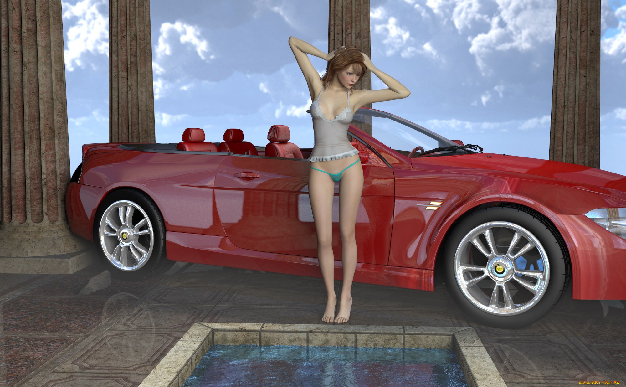 автомобили, 3d, car&girl, автомобиль, фон, девушка, взгляд