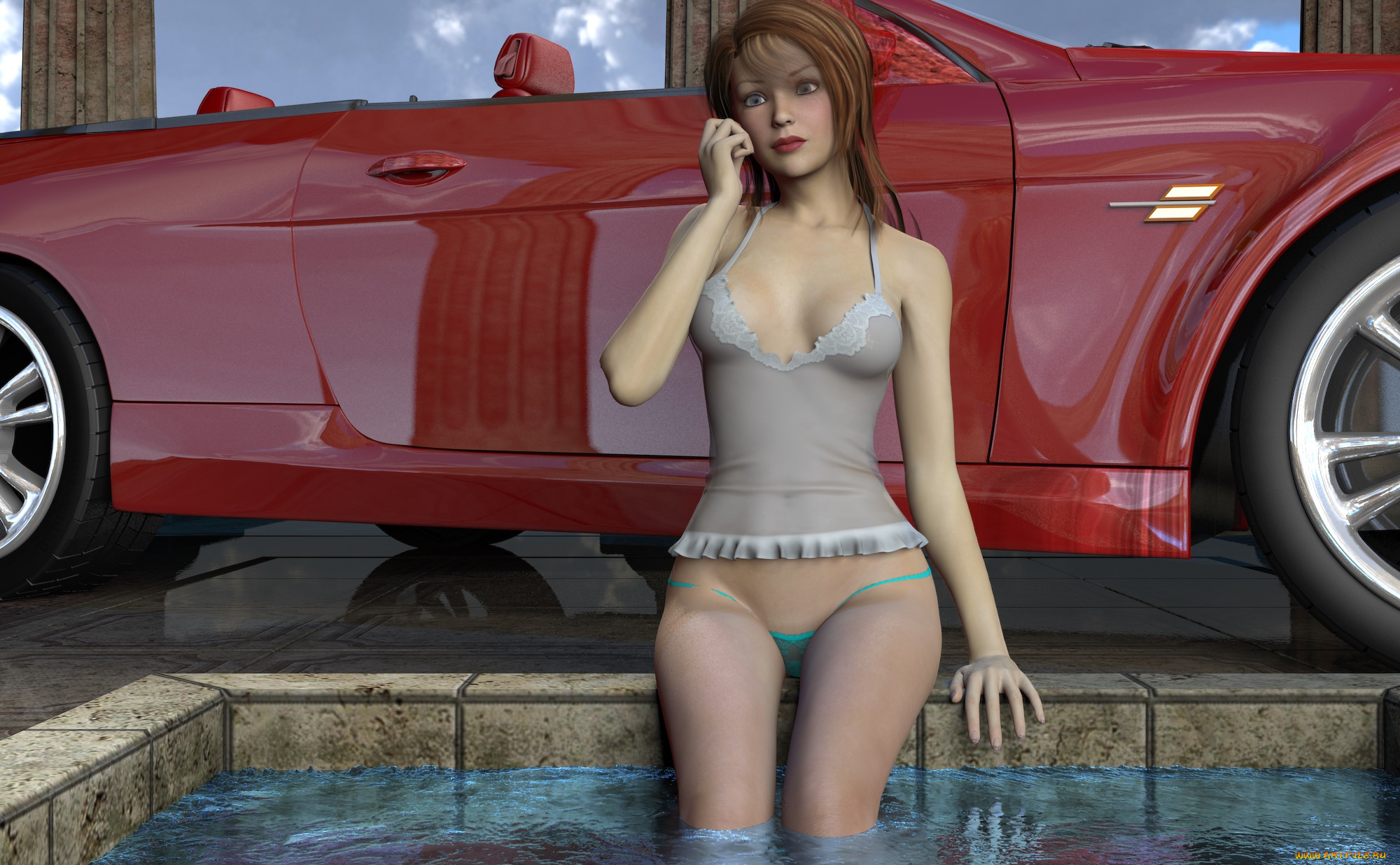 автомобили, 3d, car&girl, автомобиль, фон, взгляд, девушка