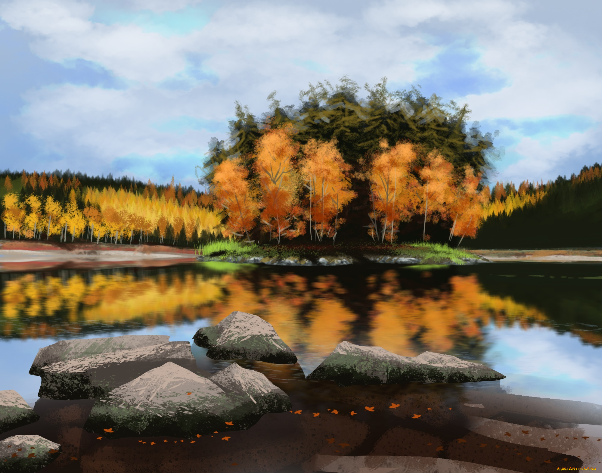 рисованное, природа, камни, река, облака, лес