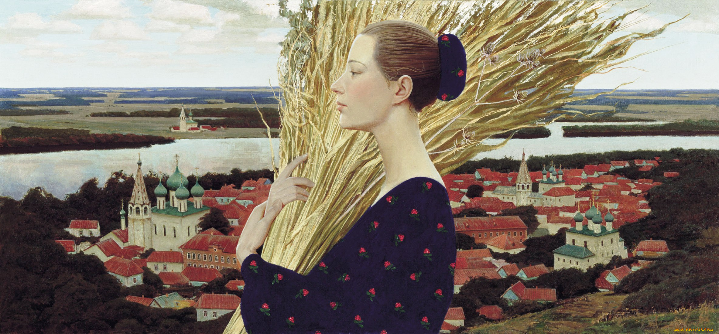 провинция, рисованное, андрей, ремнёв, профиль, колосья, город, дома, здания, церковь, женщина, деревья, река