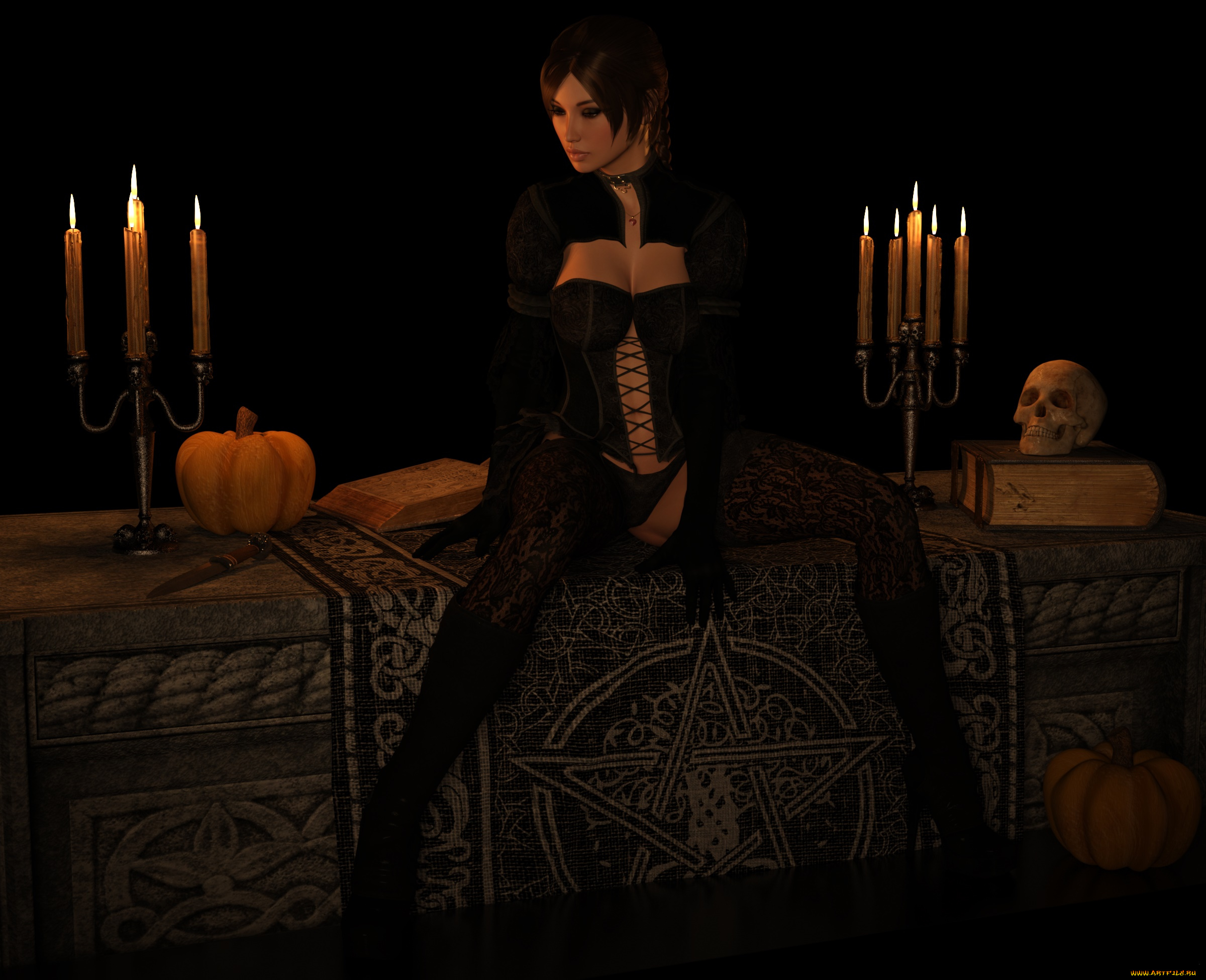 3д, графика, праздники, , holidays, девушка, взгляд, фон, интерьер, свечи, тыква, череп