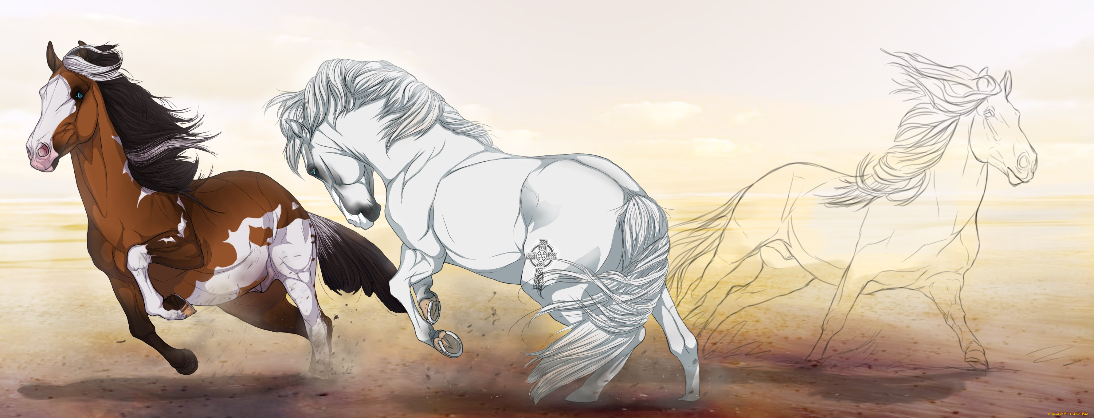 рисованное, животные, , лошади, грива, фон, лошади, скачут