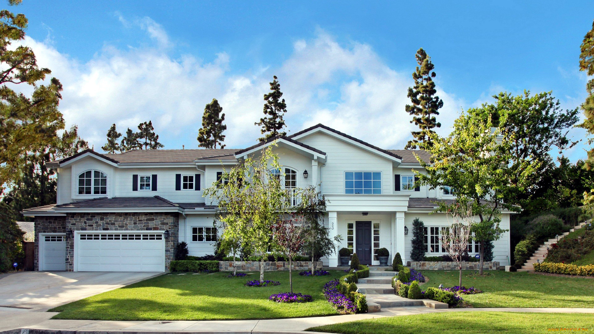 города, -, здания, , дома, лужайка, цветы, деревья, дом