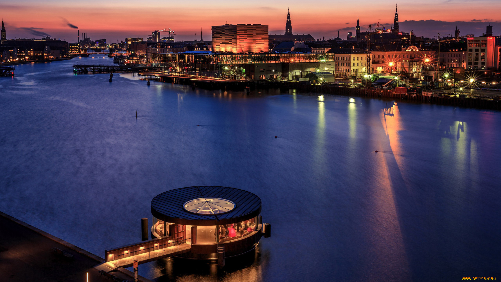 города, копенгаген, , дания, река, огни, вечер