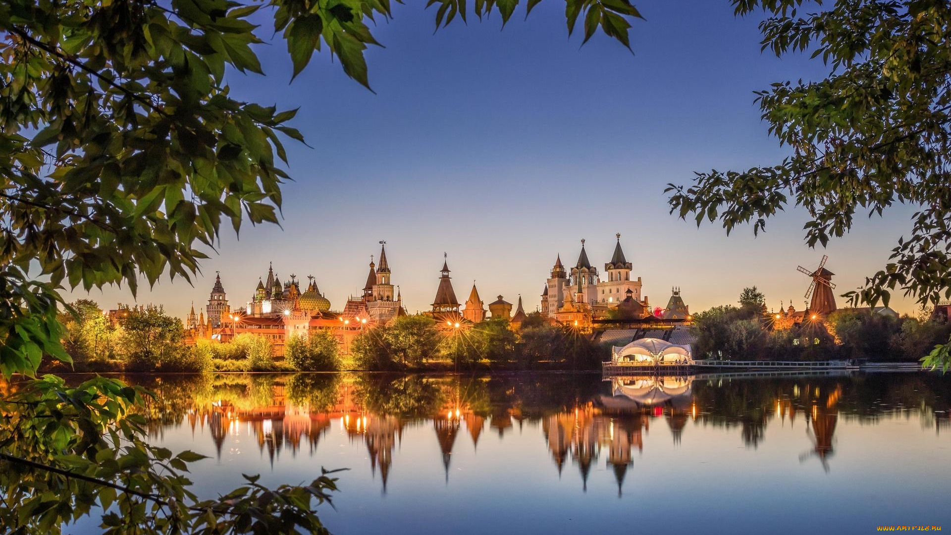 измайловский, кремль, города, москва, , россия, башни, крепость, вечер, листья, огни, озеро