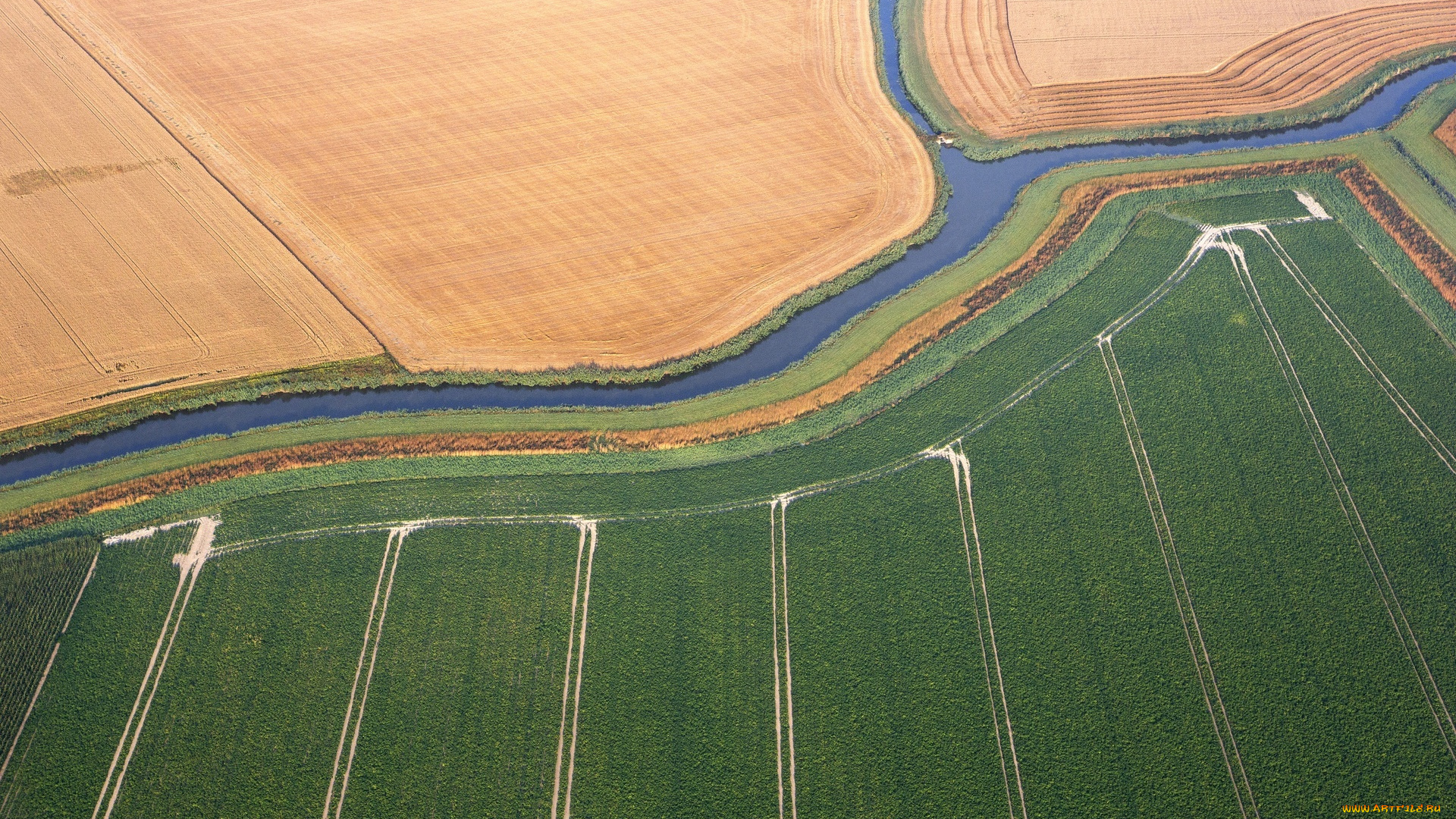 природа, поля, река, панорама