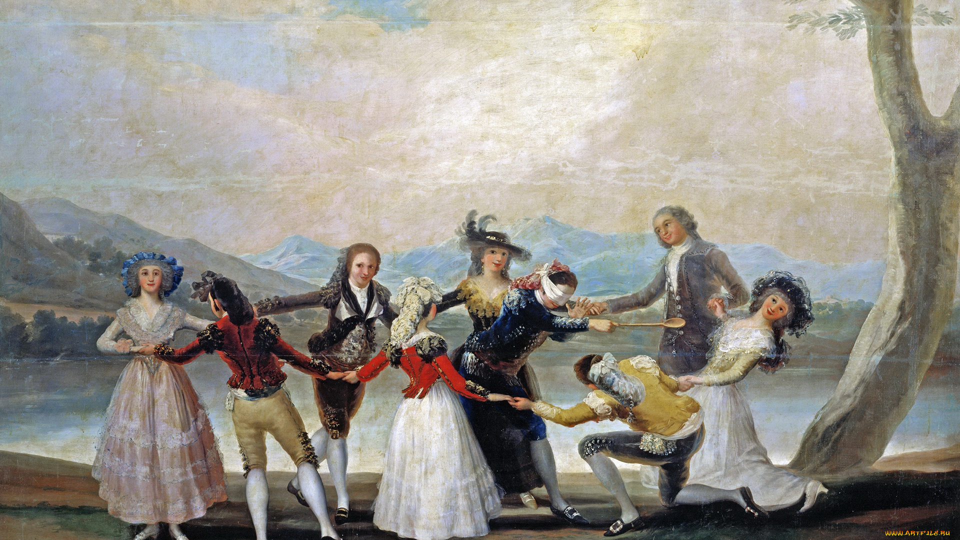 рисованное, живопись, пейзаж, жанровая, игра, в, жмурки, картина, франсиско, гойя