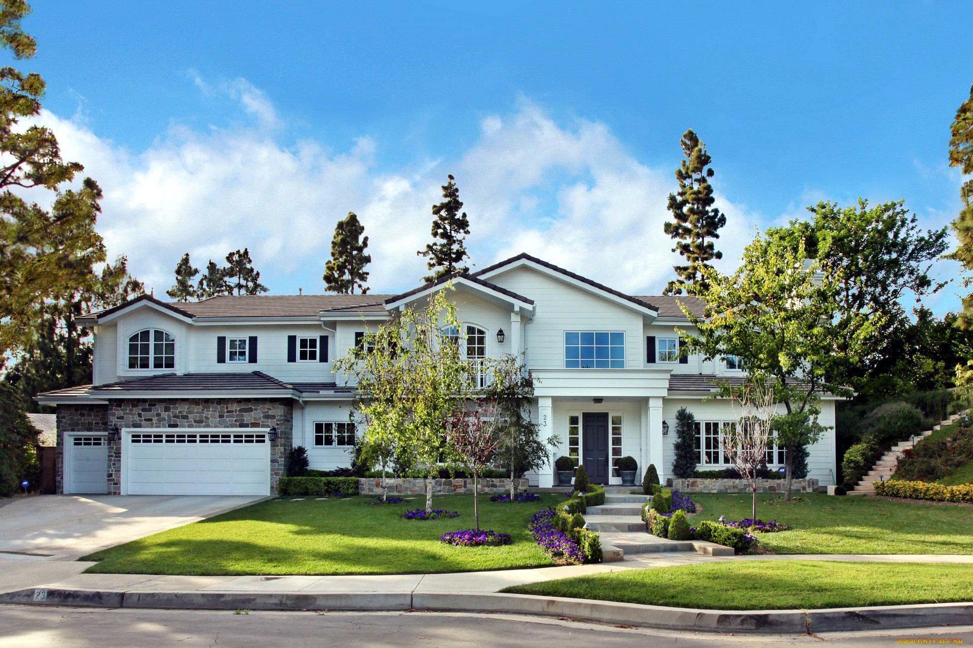 города, -, здания, , дома, лужайка, цветы, деревья, дом