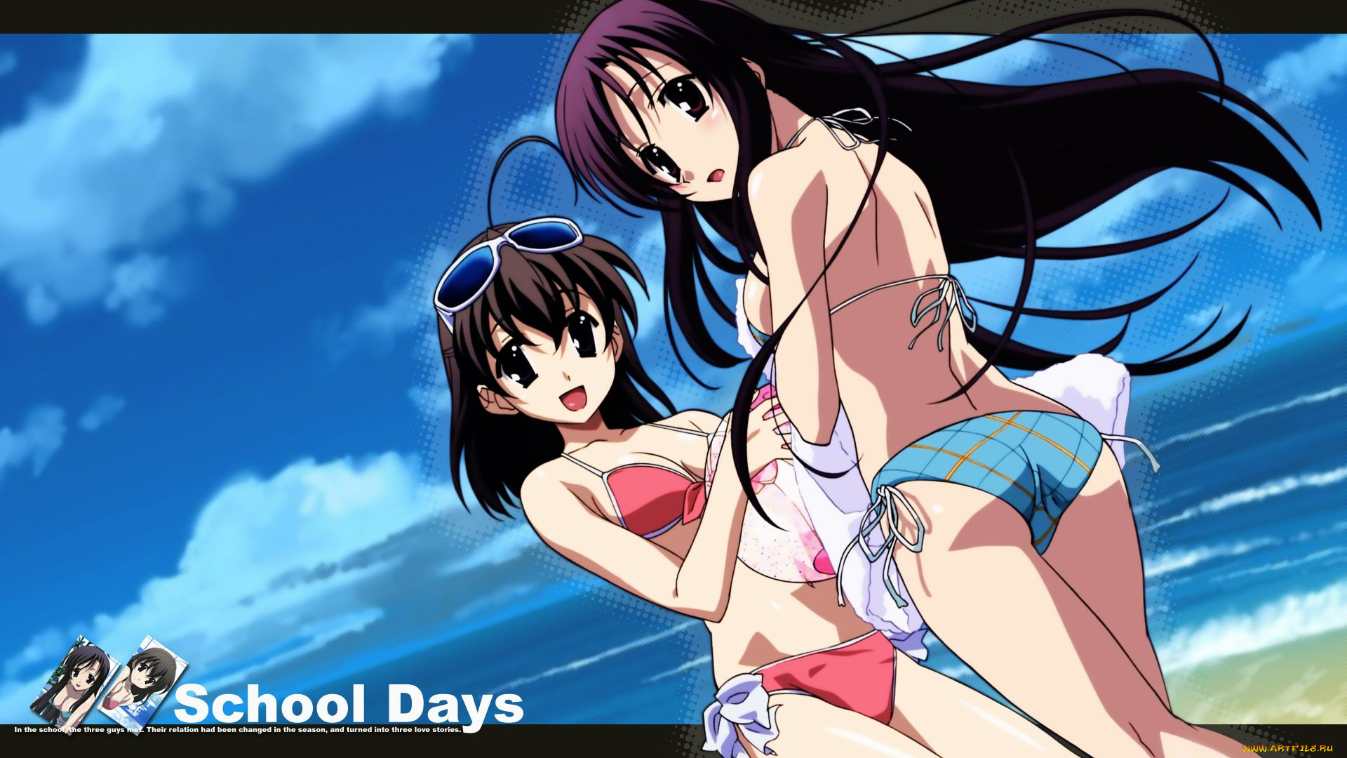 аниме, school, days, купальники, небо, очки, девочки