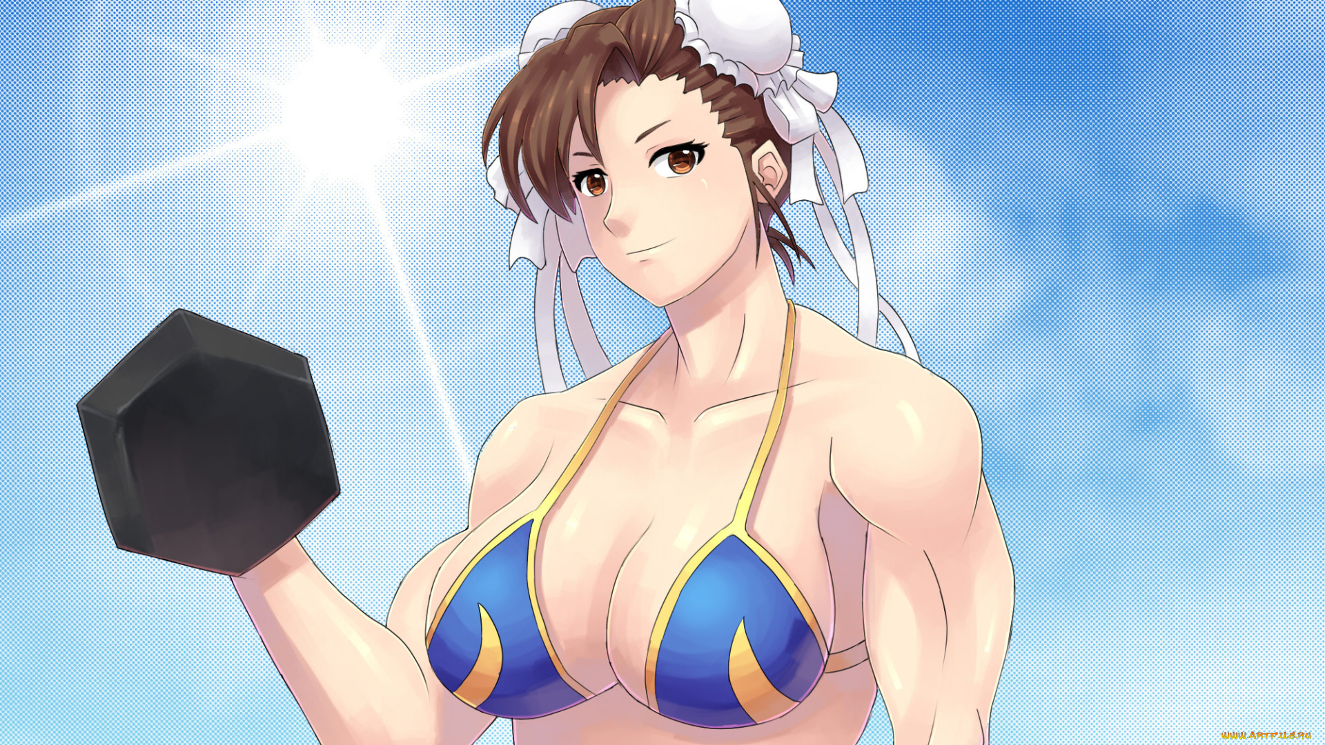 аниме, unknown, , другое, , девушка, фон, взгляд, гантеля