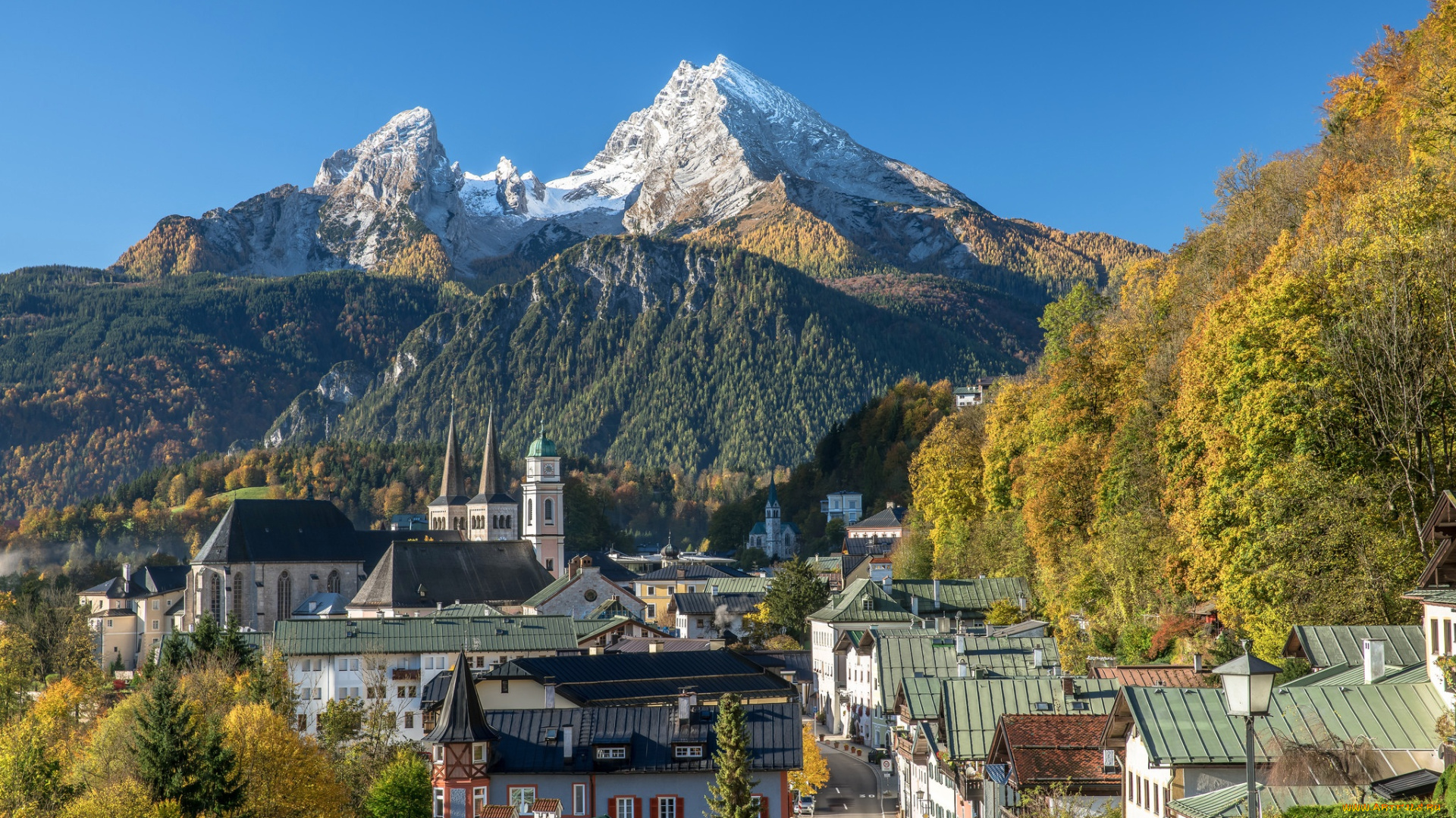города, -, панорамы, горы, церковь, дома, германия, улица, бавария, осень, пейзаж, берхтесгаден