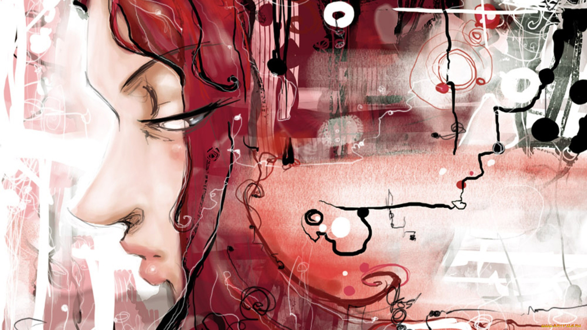 рисованное, абстракция, завитки, линии, комната, лицо, девушка