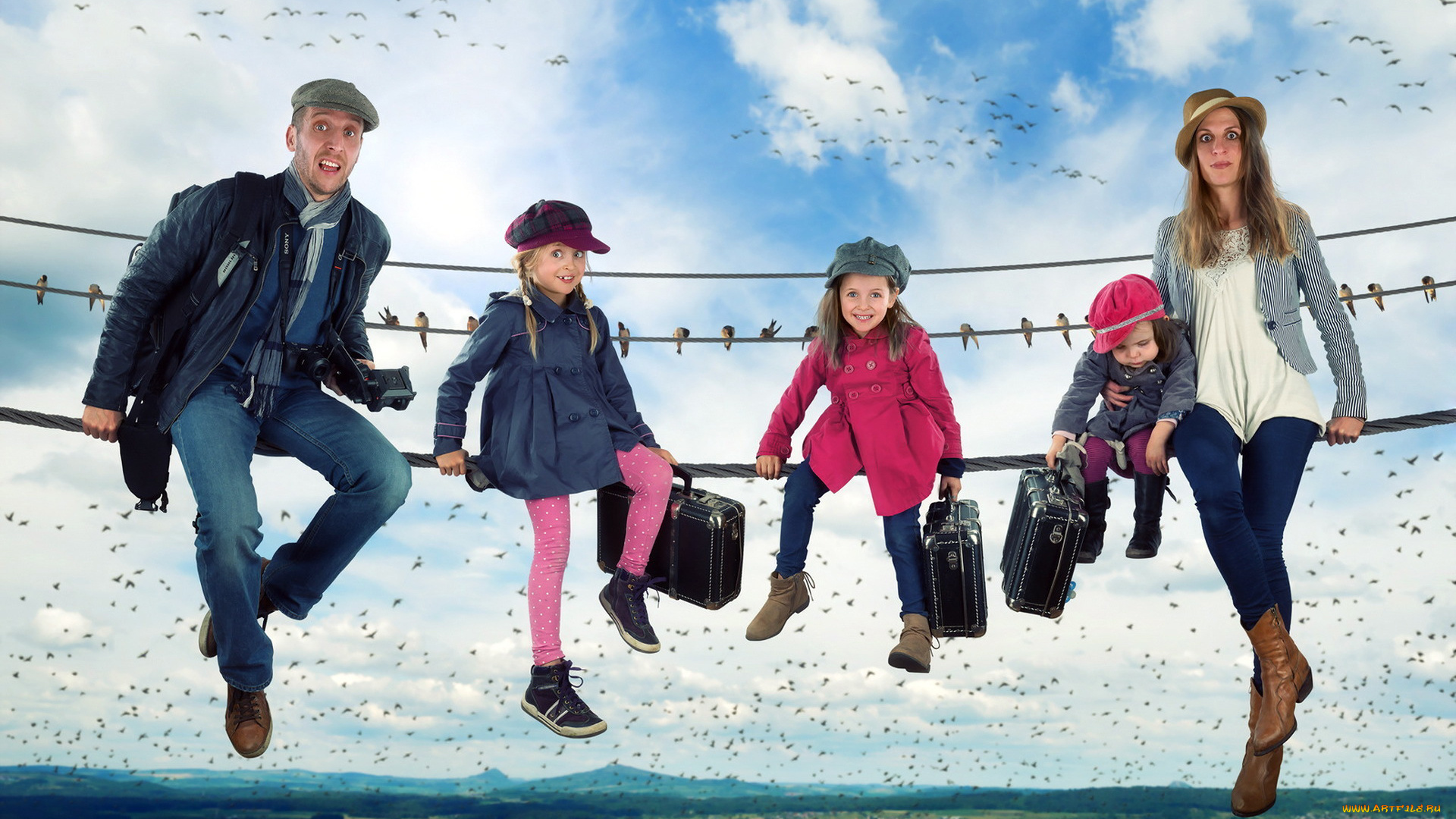 юмор, и, приколы, провода, семья, птицы