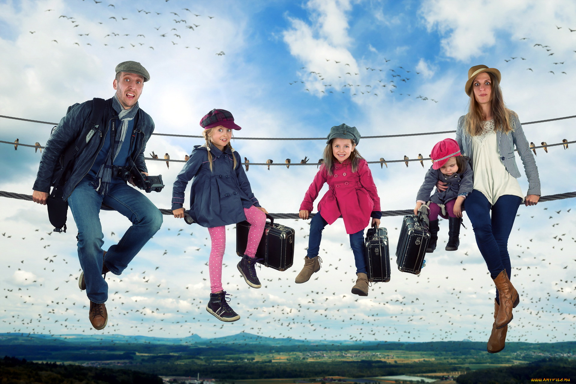 юмор, и, приколы, провода, семья, птицы