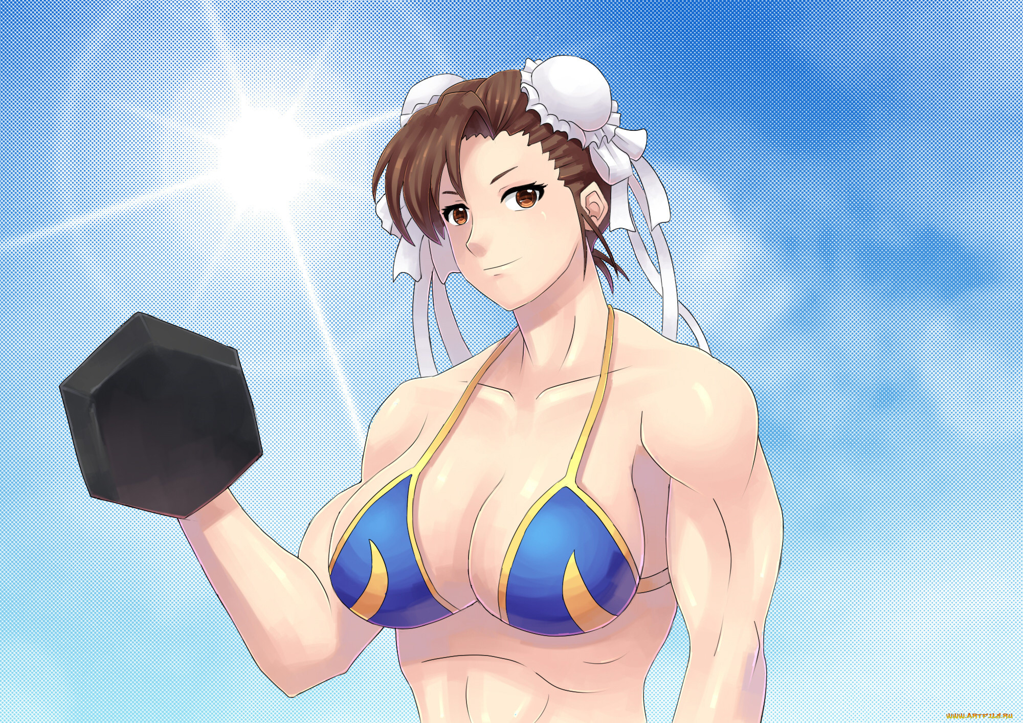 аниме, unknown, , другое, , девушка, фон, взгляд, гантеля