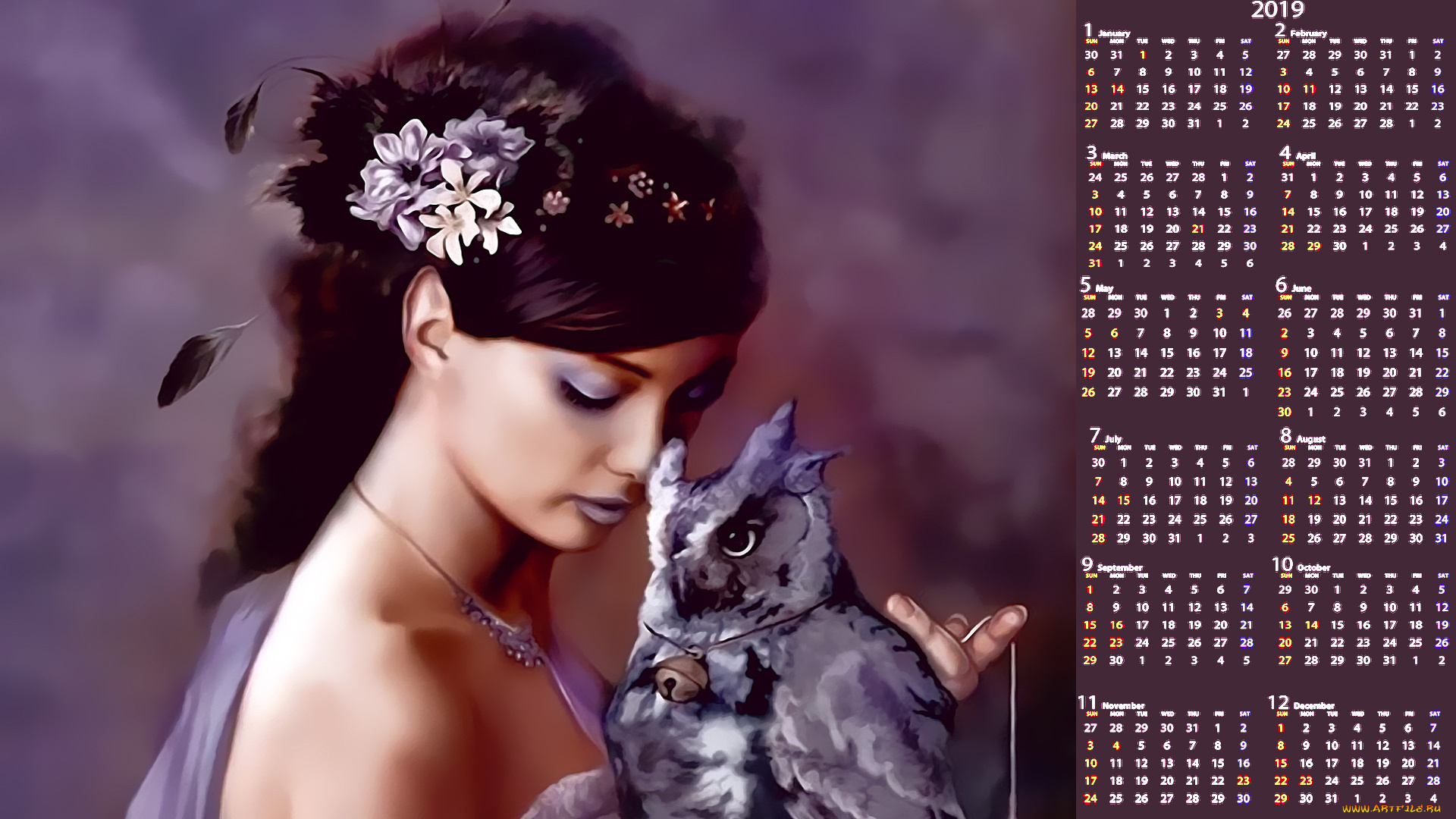 календари, фэнтези, филин, колокольчик, сова, девушка