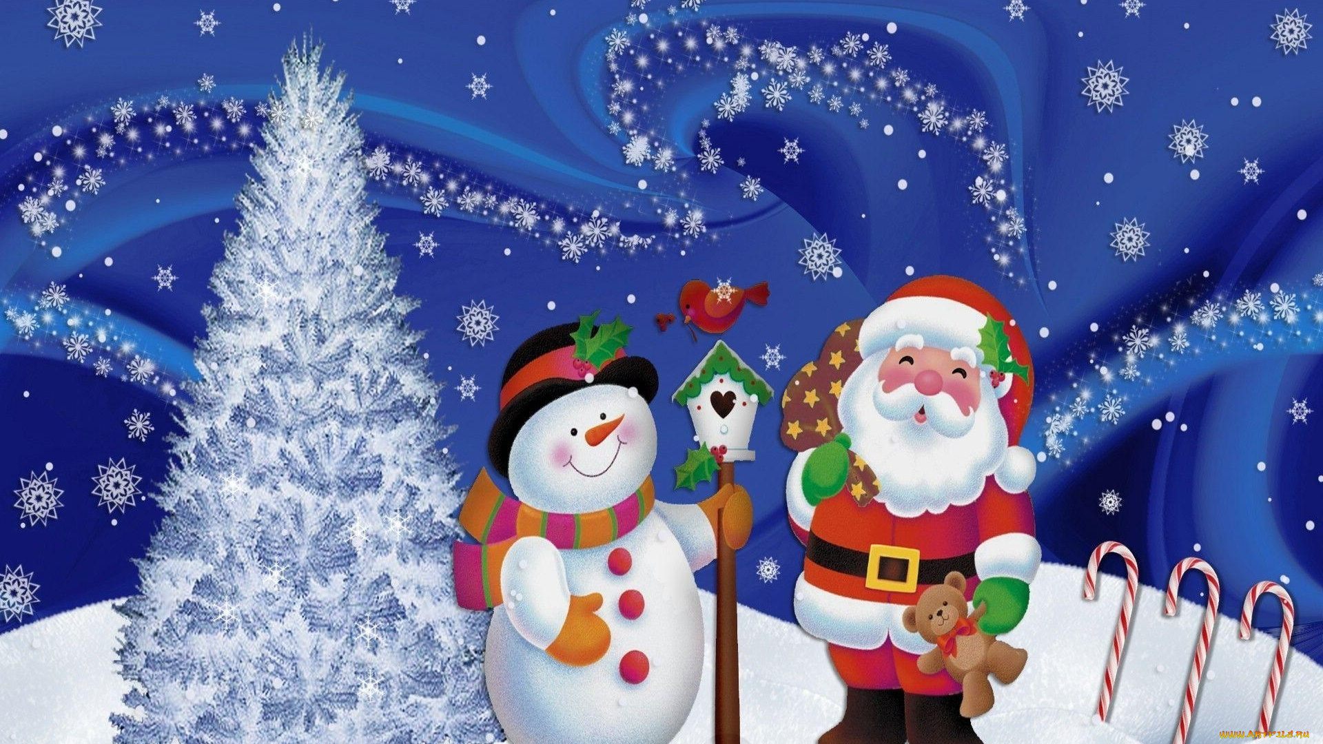 праздничные, векторная, графика, , новый, год, снег, елка, снежинки, снеговик