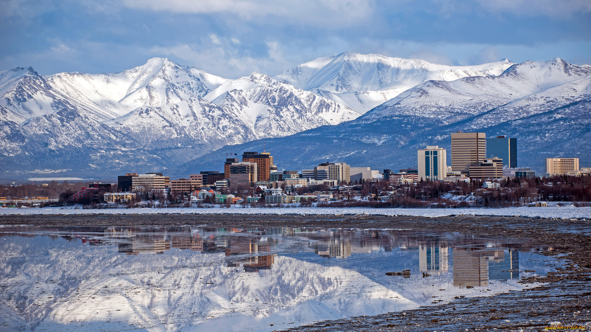 anchorage-alaska, города, -, пейзажи, горы, отражение, северная, америка, пейзаж, alaska, anchorage, город