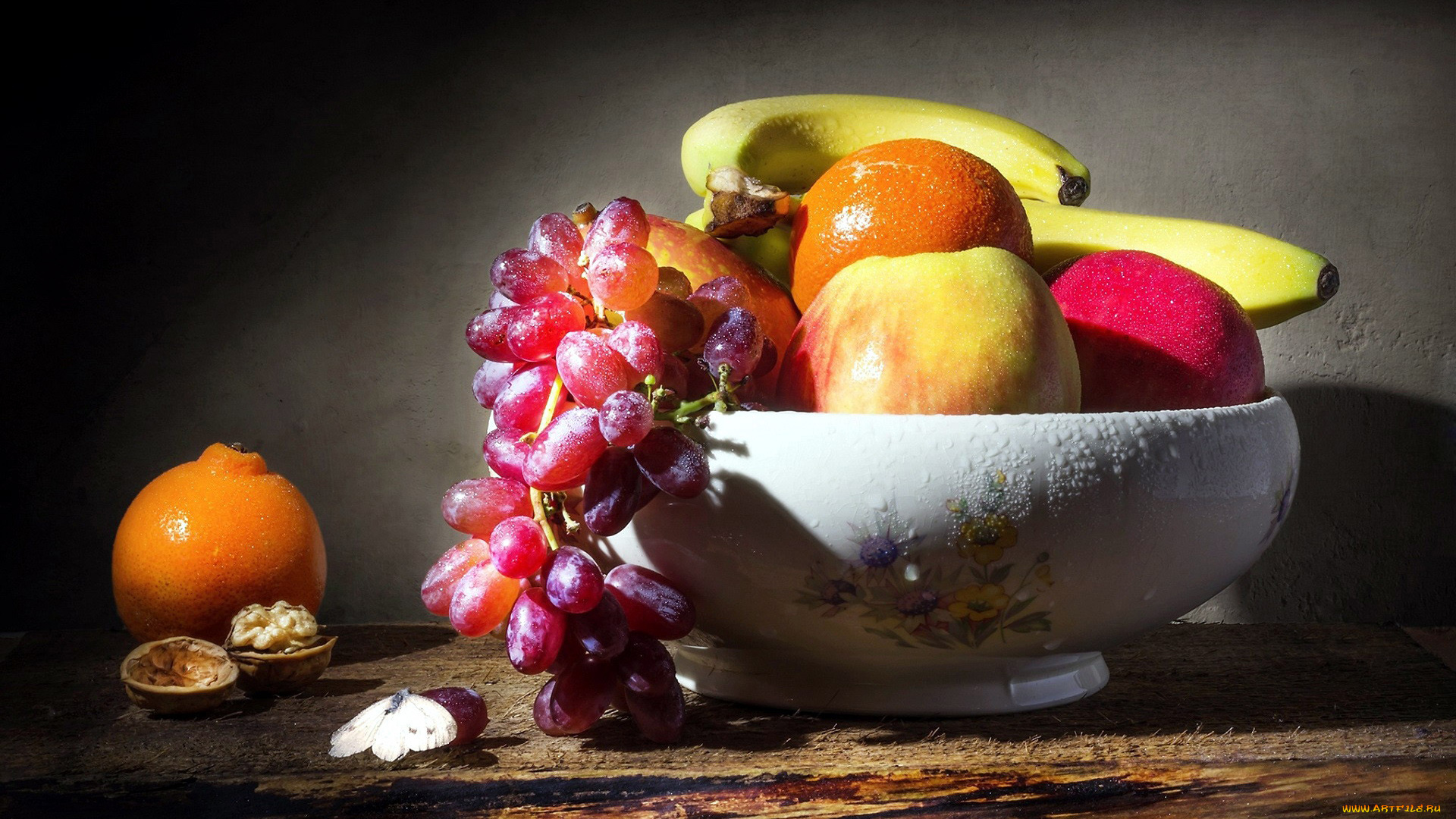 еда, фрукты, , ягоды, банан, апельсин, виноград