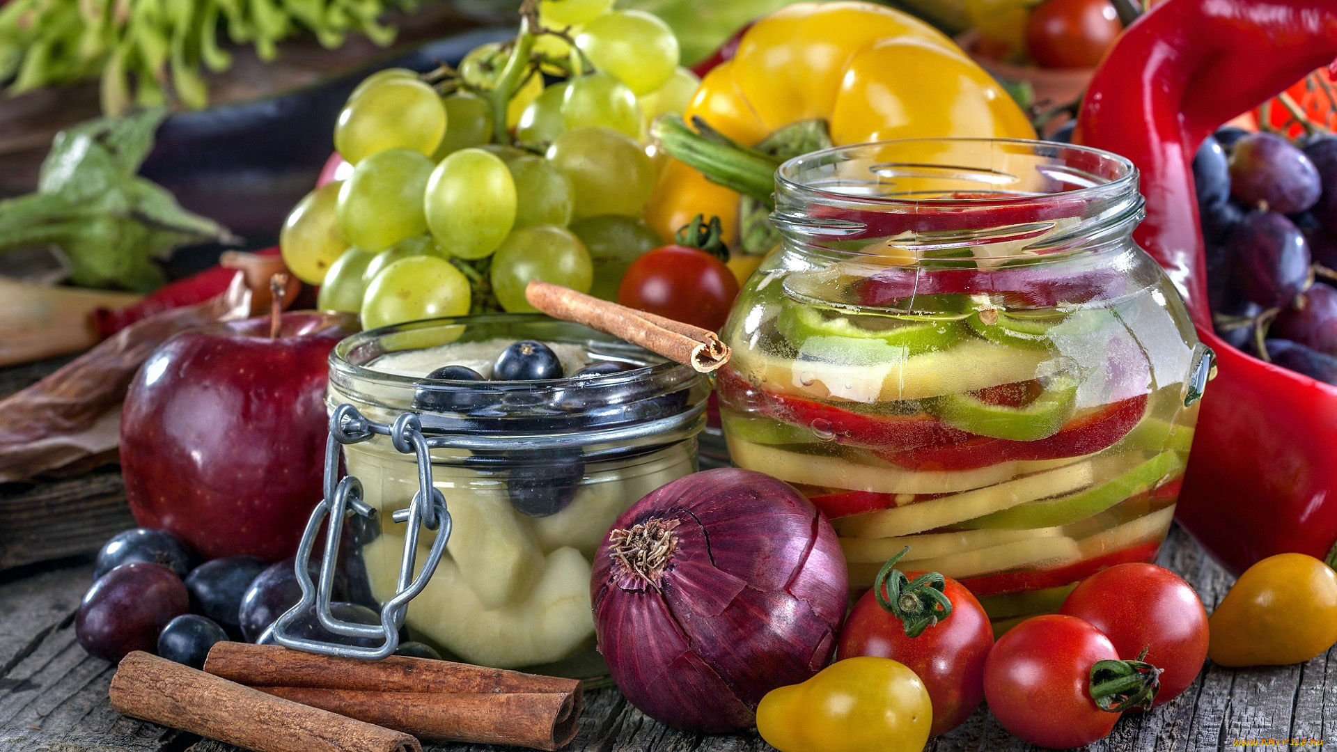 еда, консервация, лук, перец, виноград, помидоры
