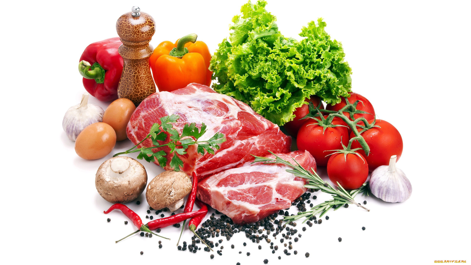 еда, мясные, блюда, перец, чеснок, мясо, грибы, помидоры