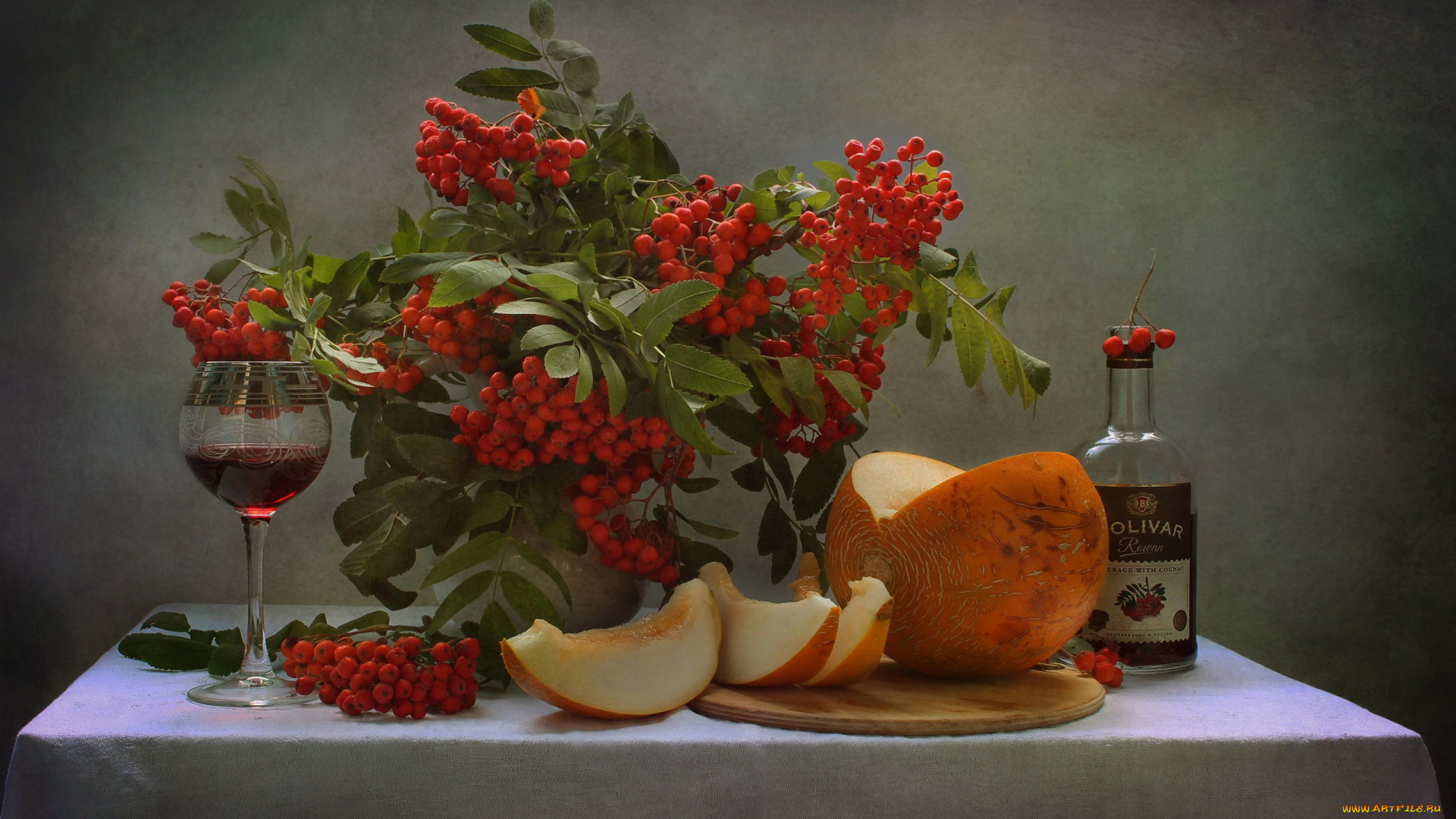 еда, натюрморт, дыня, настойка, рябина