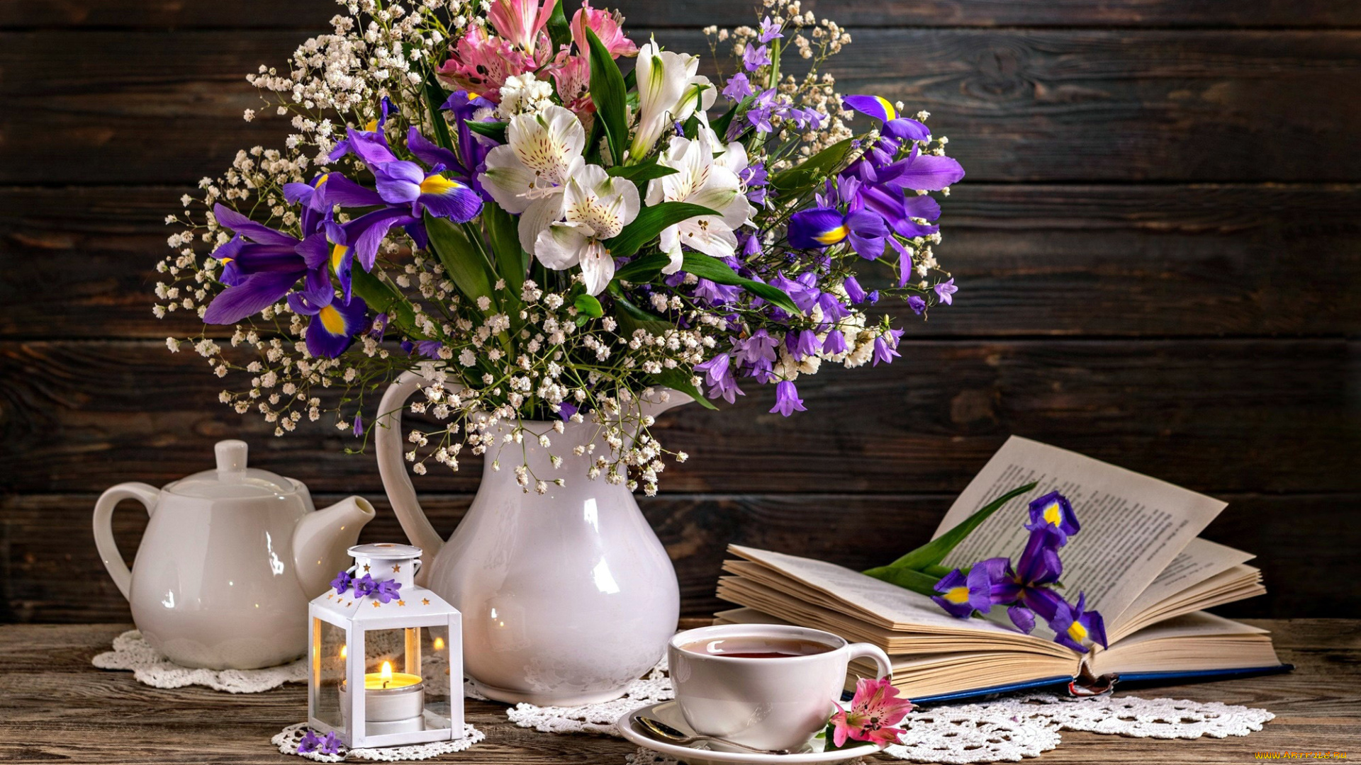 еда, натюрморт, свеча, чай, букет, книга