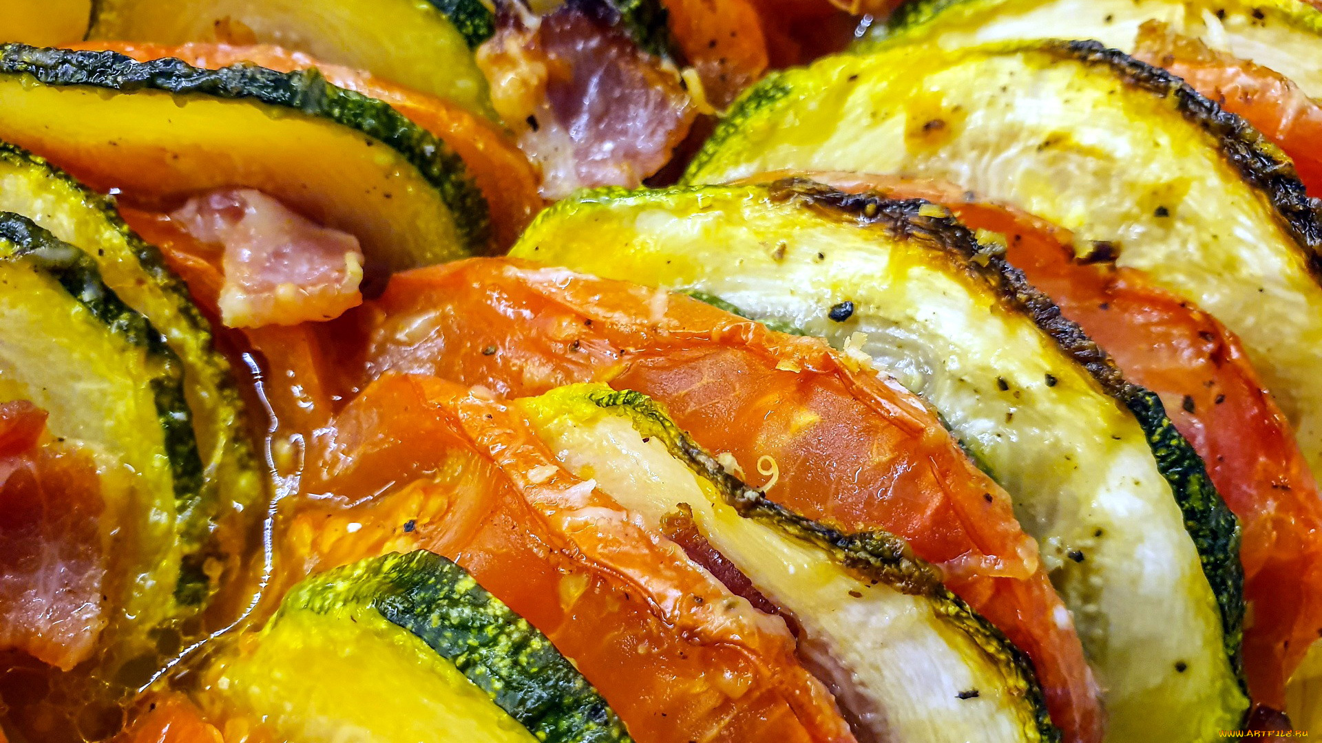 еда, овощи, бекон, кабачки, помидоры