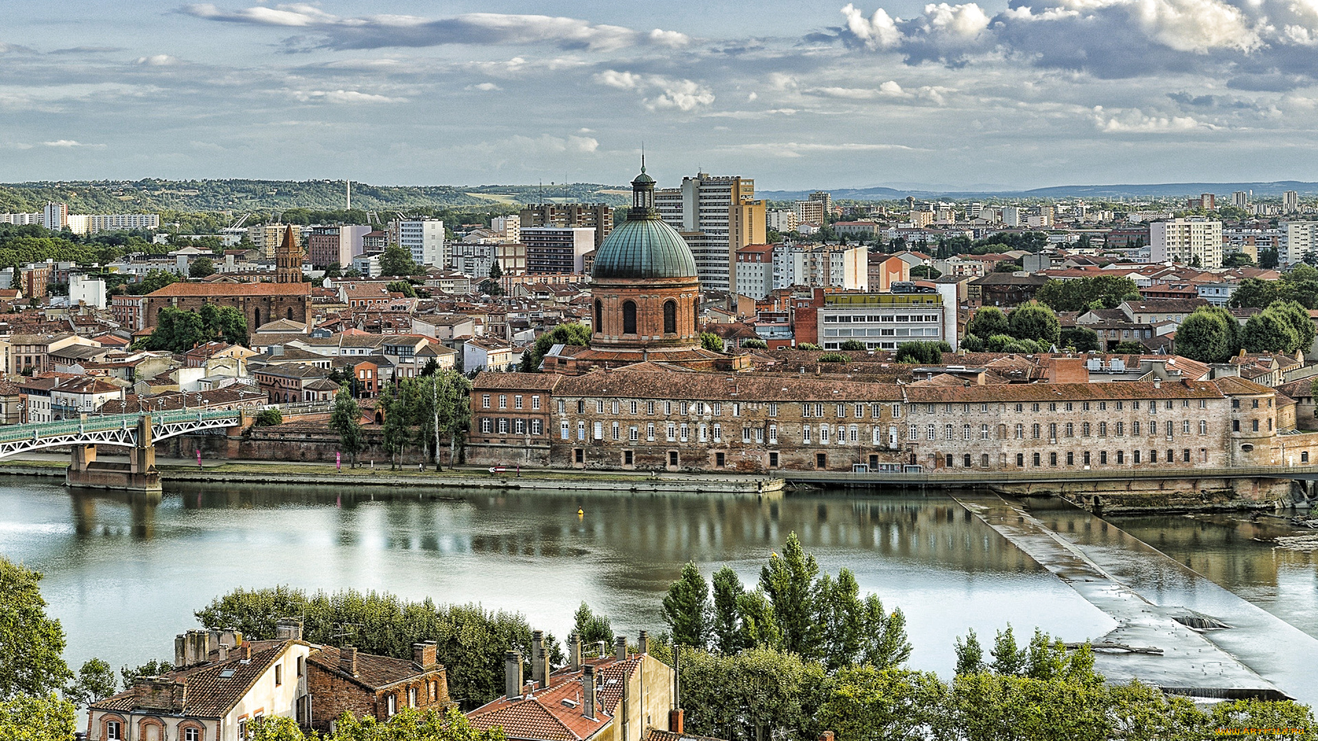города, -, исторические, , архитектурные, памятники, тулуза, франция, достопримечательности, река, закат, городской, вид, вечер