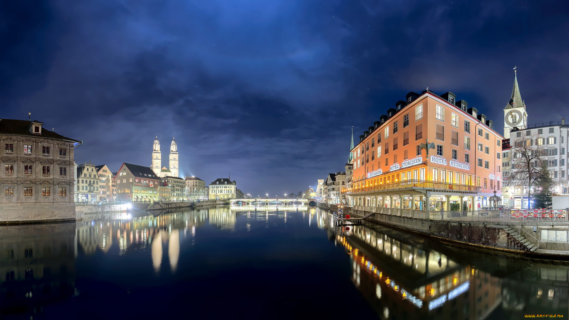 города, цюрих, , швейцария, огни, вечер, канал, набережная