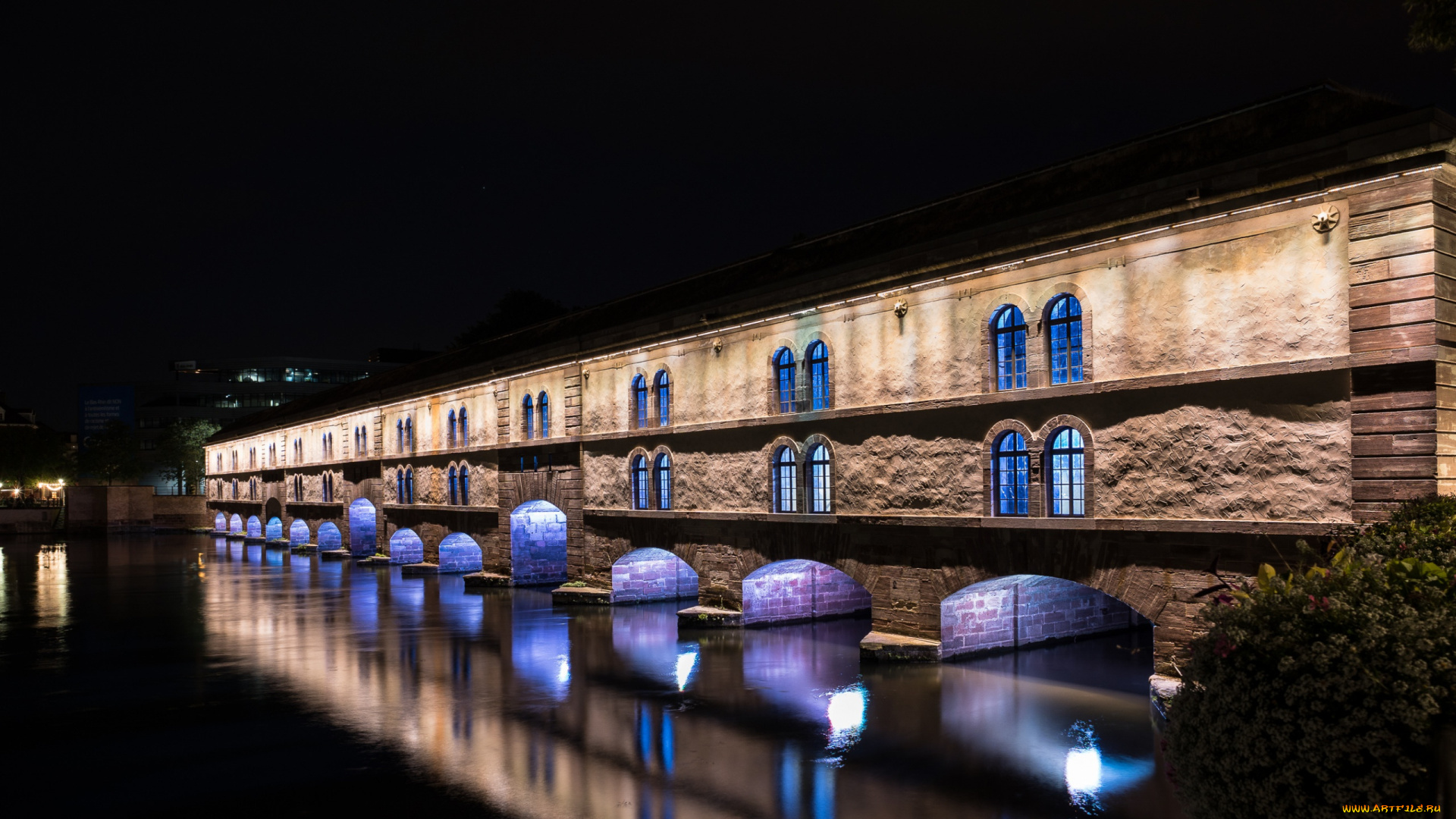 города, страсбург, , франция, огни, вечер, мост