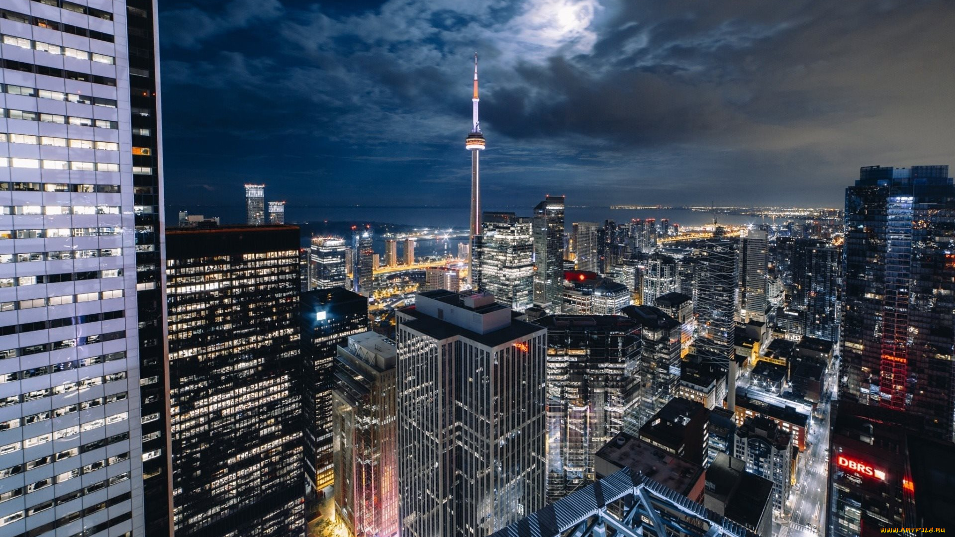города, торонто, , канада, панорама, вечер, огни