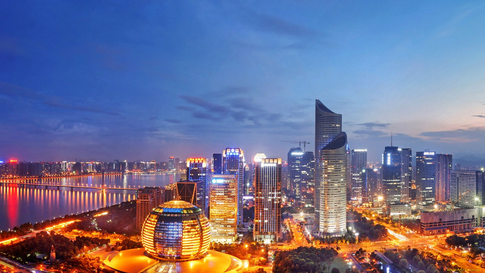 hangzhou, , china, города, -, огни, ночного, города, азия, китай, провинция, чжэцзян, азиатские, ханчжоу