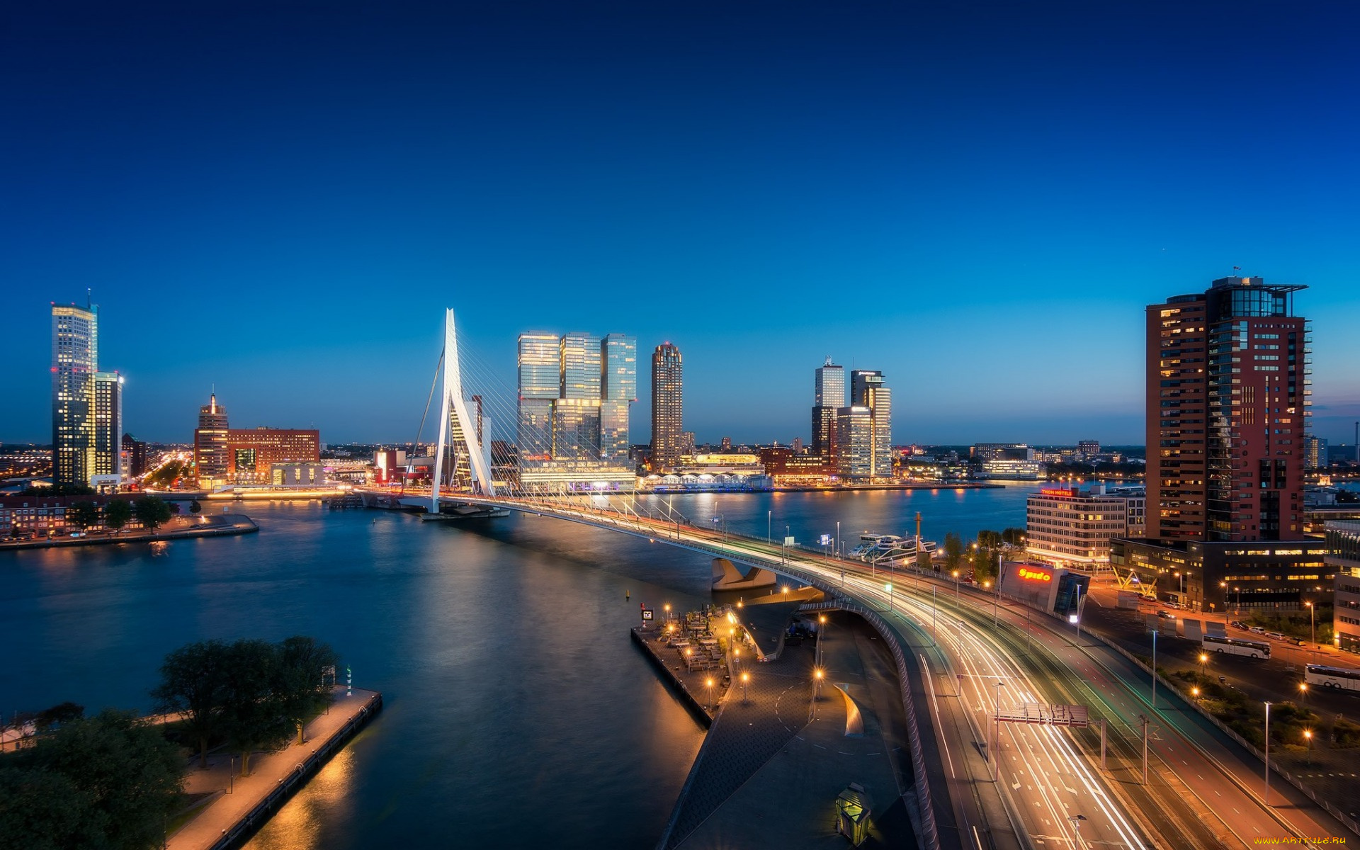 rotterdam, netherlands, города, -, огни, ночного, города